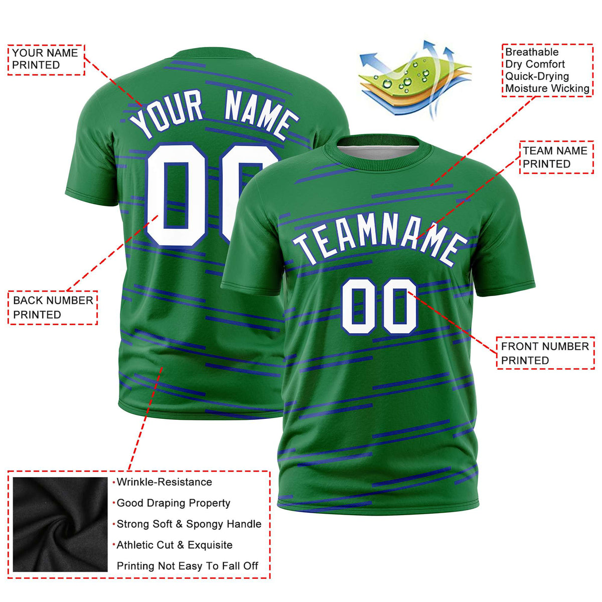 Custom Kelly Green Royal Blue Personalized Slanting Line Graffiti Pattern Performance T-Shirt