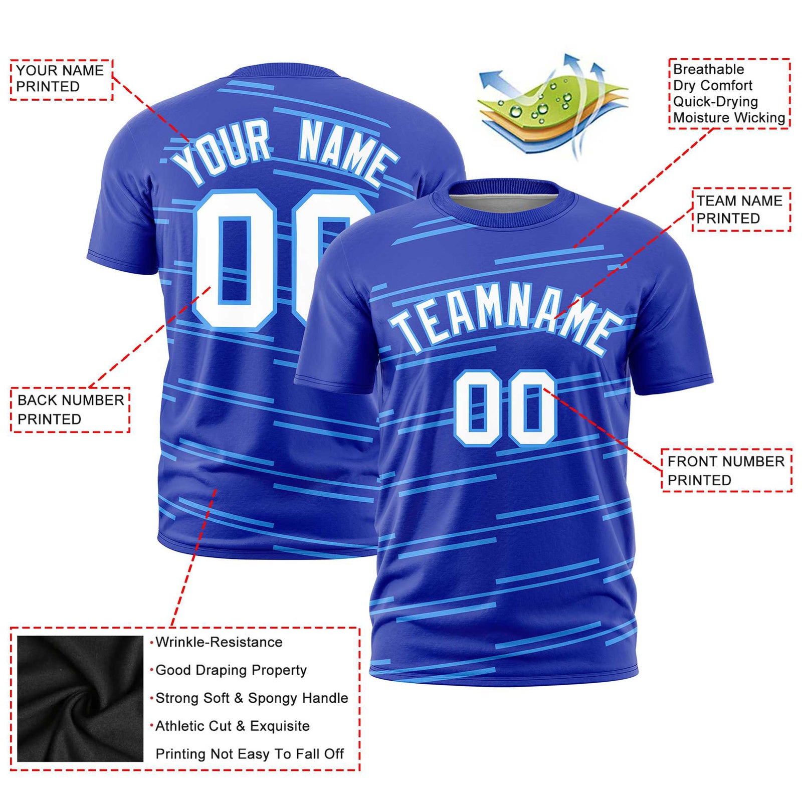 Custom Royal Blue Powder Blue Personalized Slanting Line Graffiti Pattern Performance T-Shirt