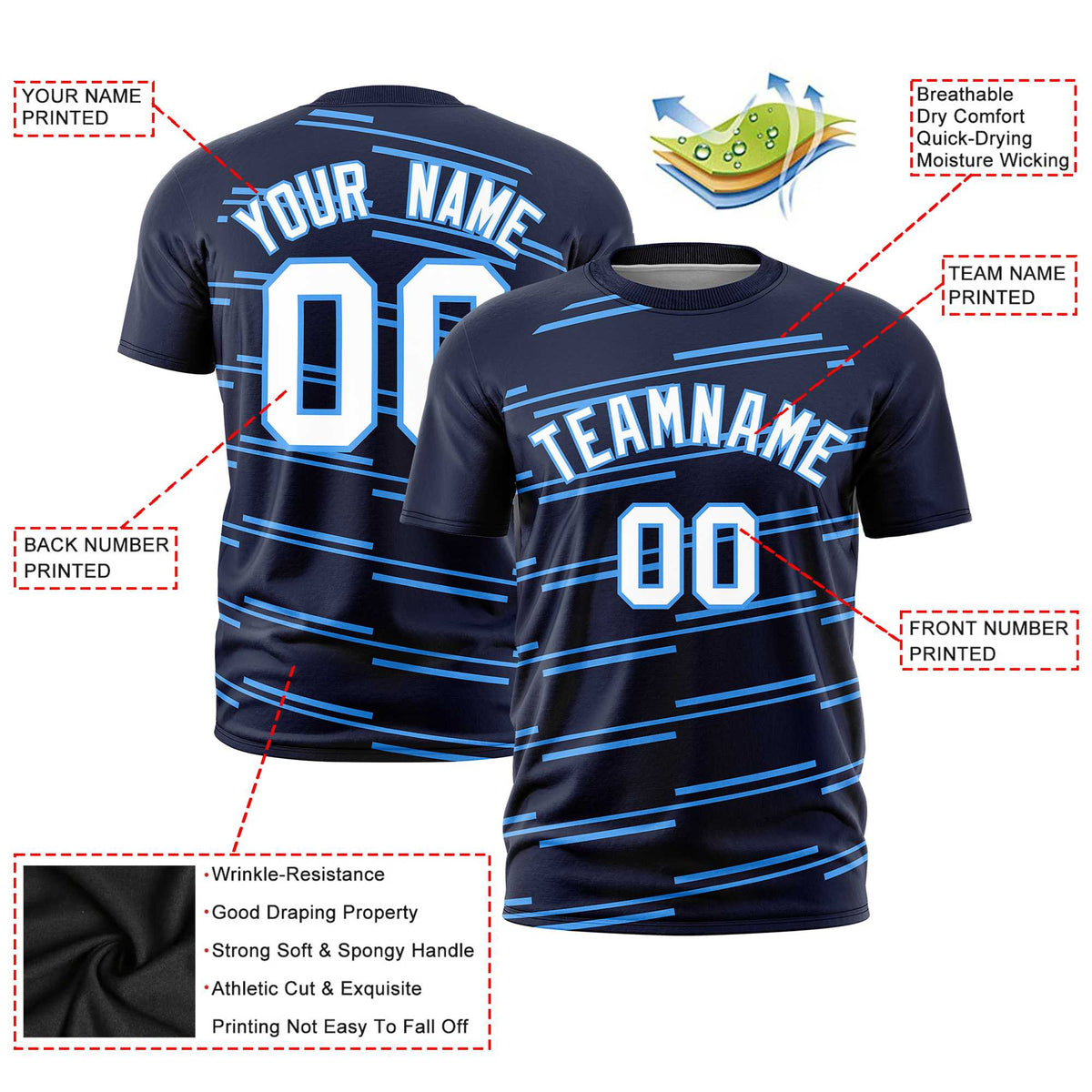 Custom Navy Powder Blue Personalized Slanting Line Graffiti Pattern Performance T-Shirt