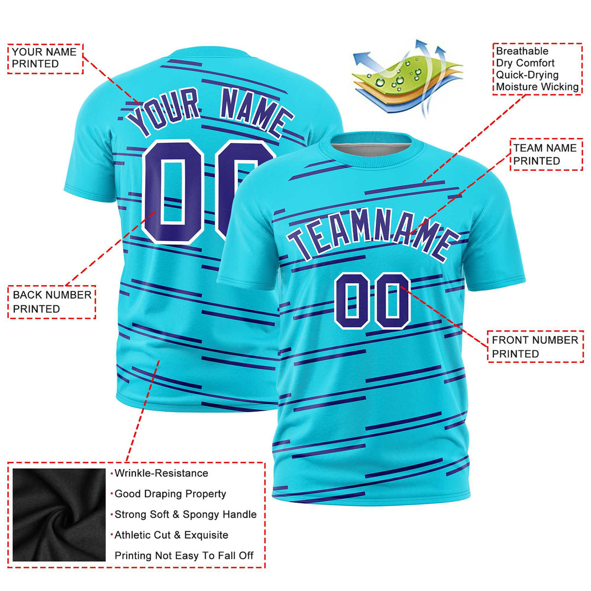 Custom Sky Blue Purple Personalized Slanting Line Graffiti Pattern Performance T-Shirt