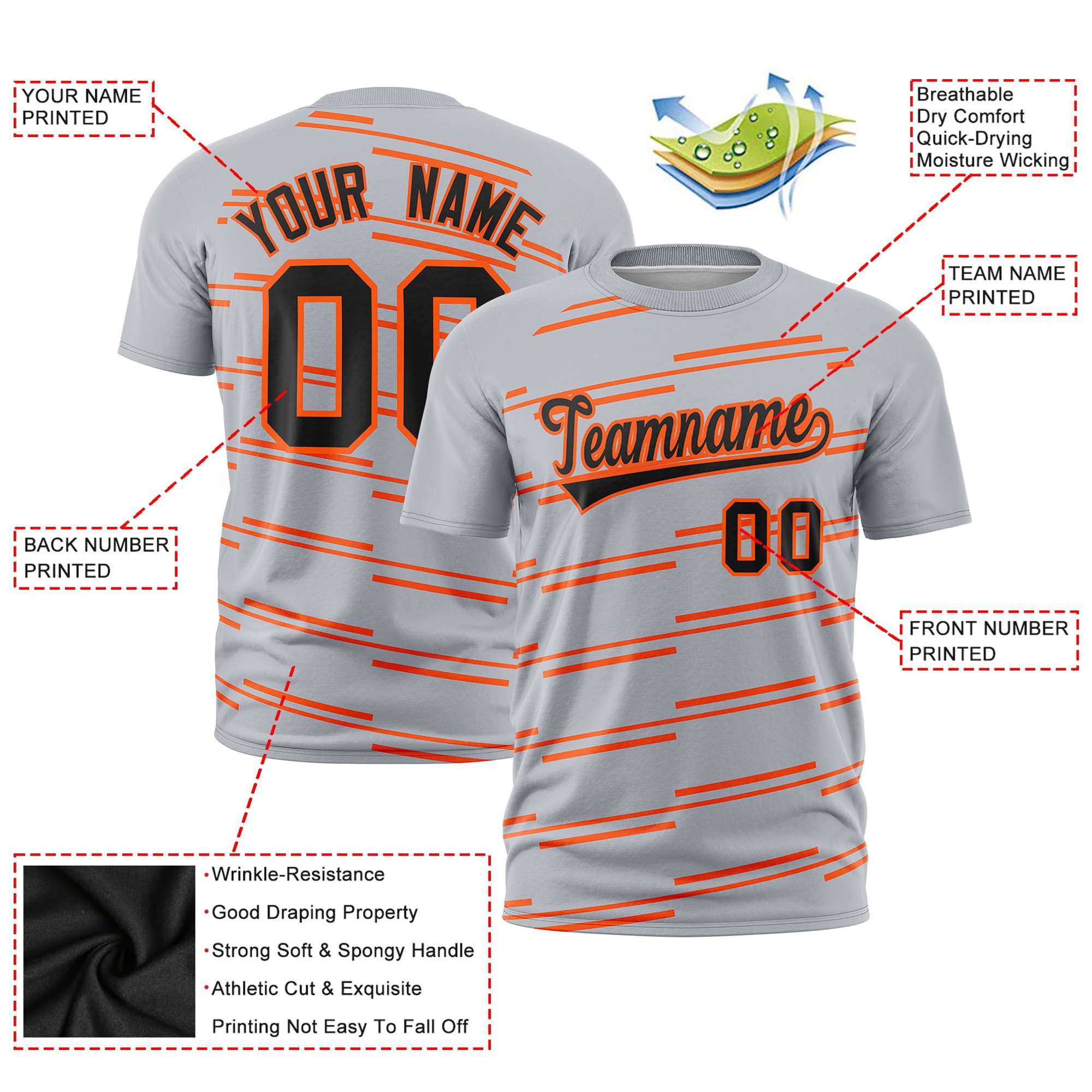 Custom Gray Orange Personalized Slanting Line Graffiti Pattern Performance T-Shirt