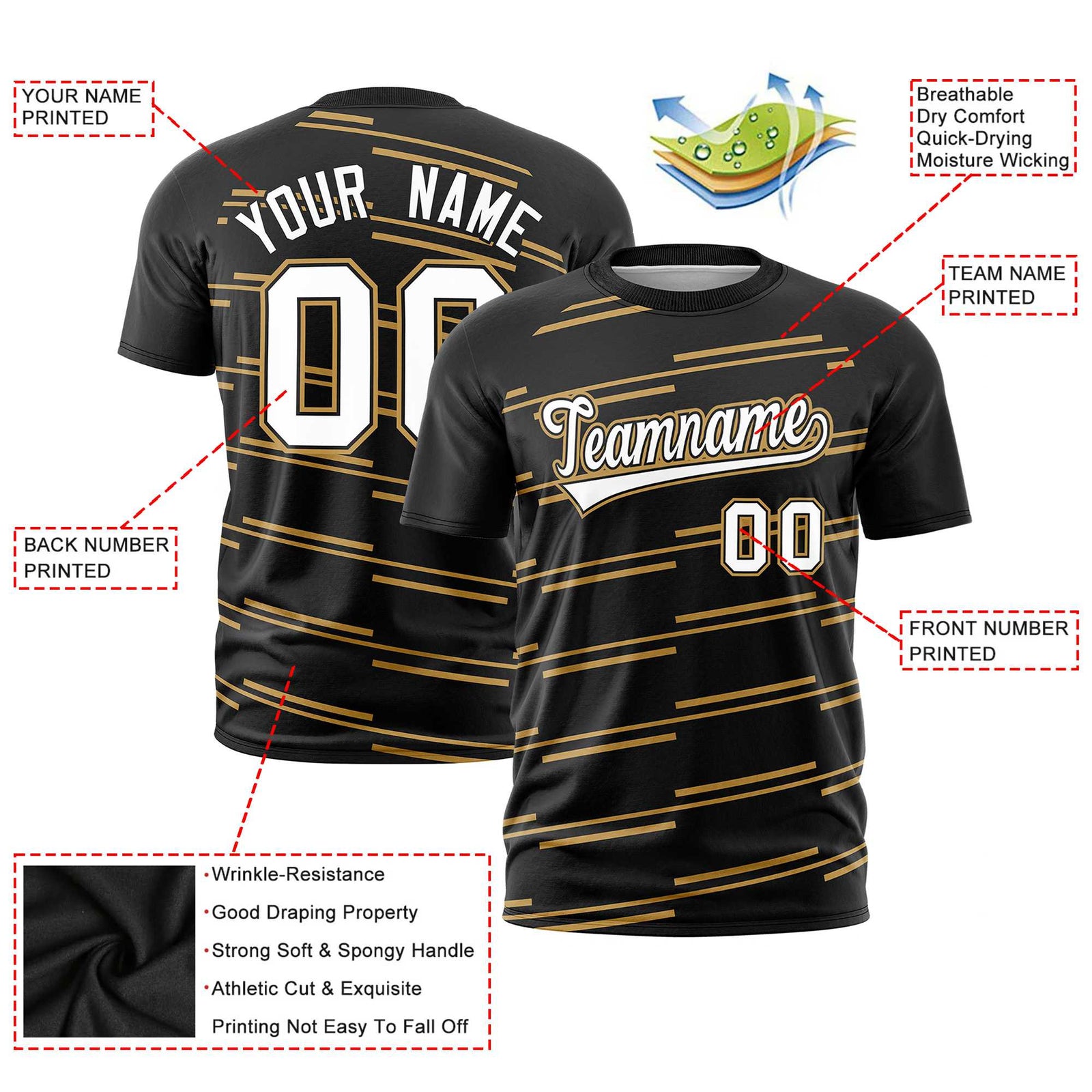 Custom Black Old Gold Personalized Slanting Line Graffiti Pattern Performance T-Shirt