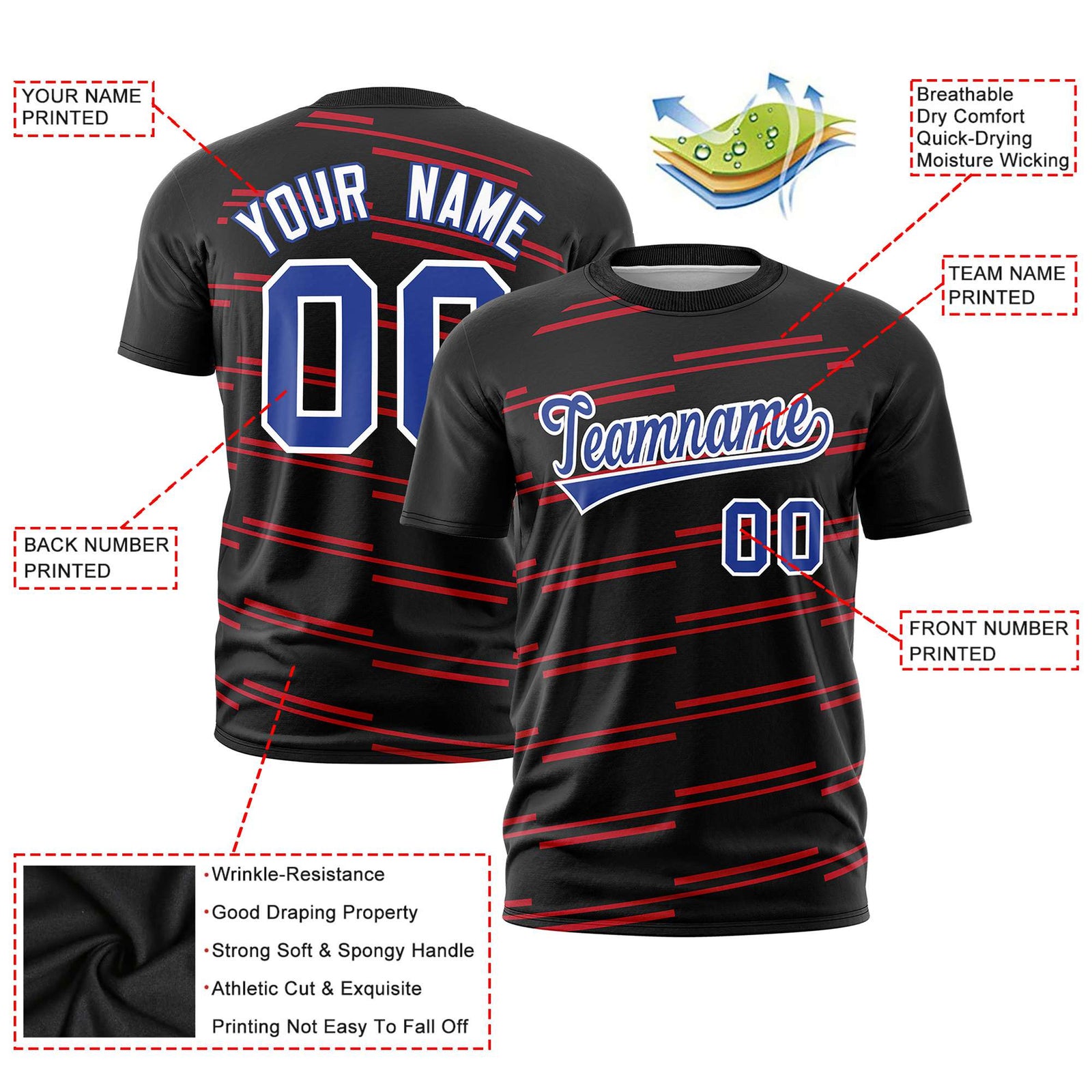Custom Black Red Personalized Slanting Line Graffiti Pattern Performance T-Shirt