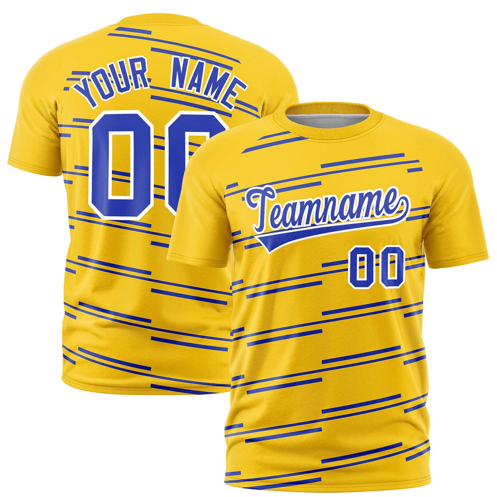 Custom Gold Royal Blue Personalized Slanting Line Graffiti Pattern Performance T-Shirt