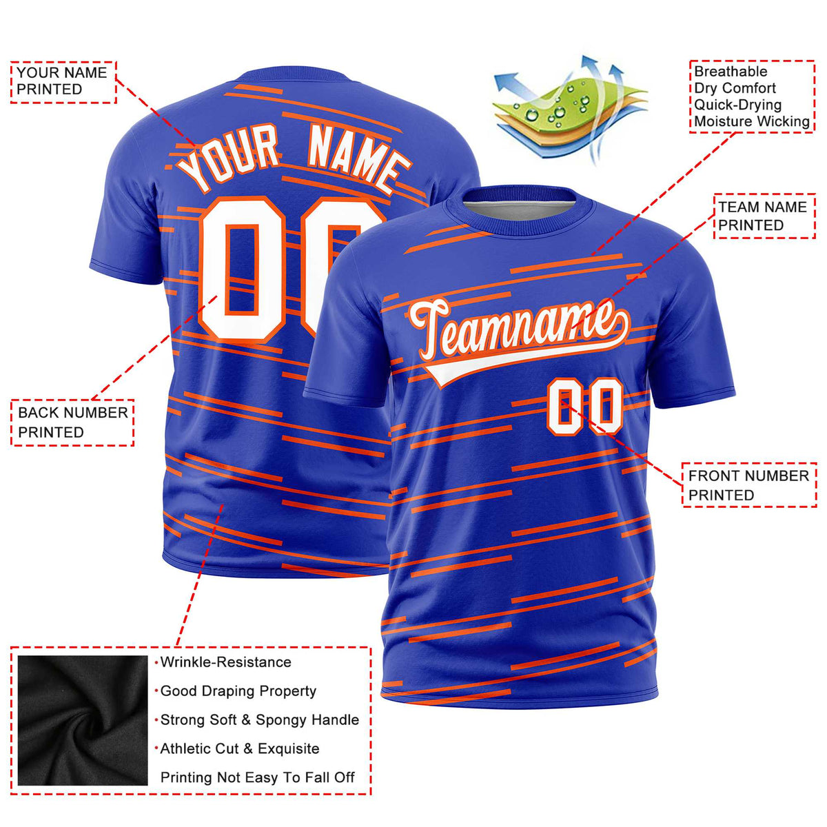Custom Royal Blue Orange Personalized Slanting Line Graffiti Pattern Performance T-Shirt