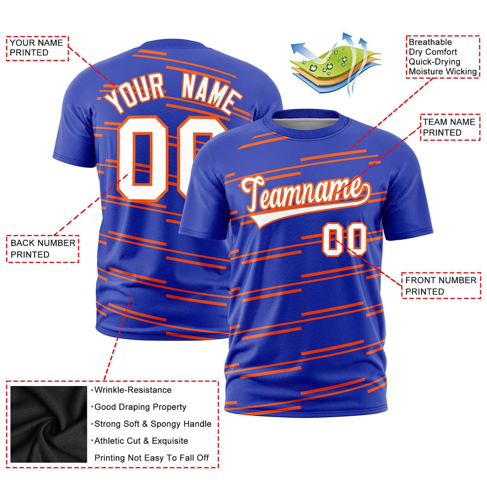 Custom Royal Blue Orange Personalized Slanting Line Graffiti Pattern Performance T-Shirt