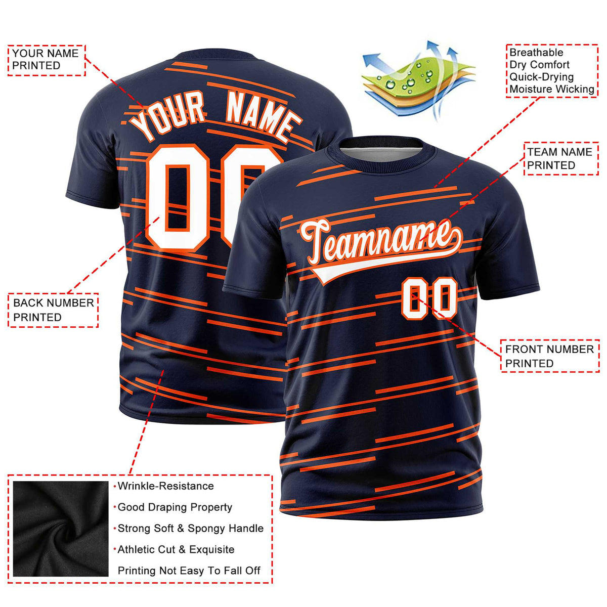 Custom Navy Orange Personalized Slanting Line Graffiti Pattern Performance T-Shirt