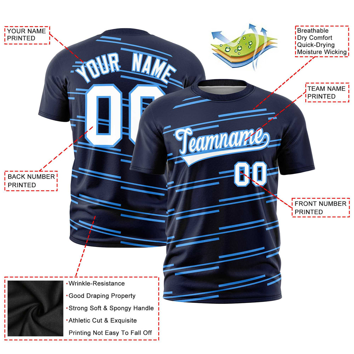 Custom Navy Powder Blue Personalized Slanting Line Graffiti Pattern Performance T-Shirt
