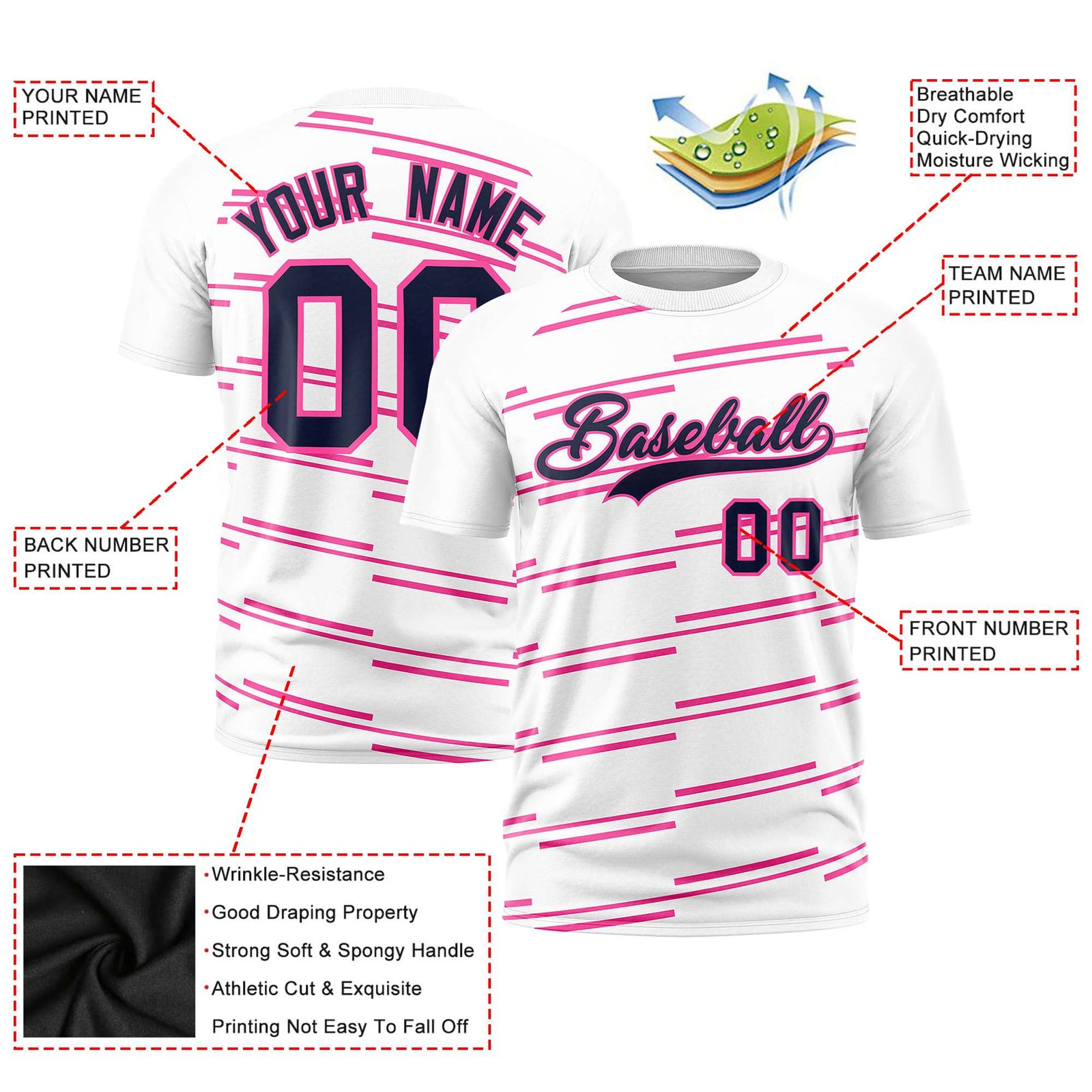 Custom White Pink Personalized Slanting Line Graffiti Pattern Performance T-Shirt