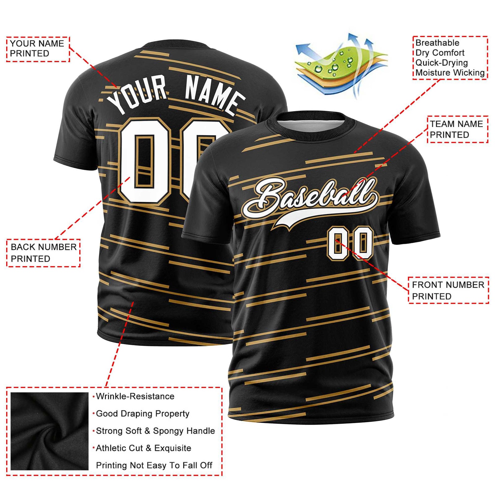 Custom Black Old Gold Personalized Slanting Line Graffiti Pattern Performance T-Shirt