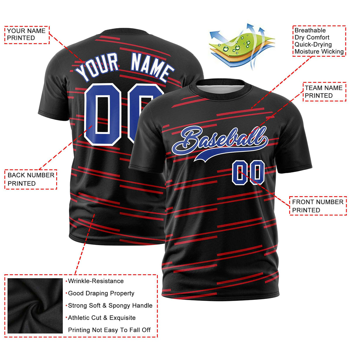 Custom Black Red Personalized Slanting Line Graffiti Pattern Performance T-Shirt
