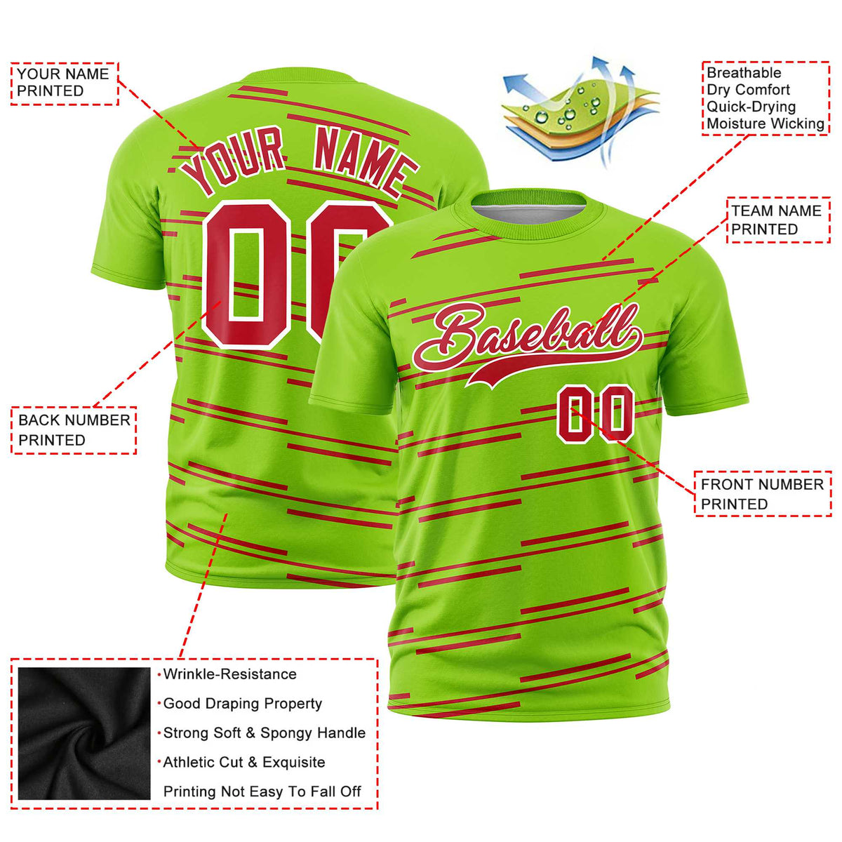 Custom Neon Green Red Personalized Slanting Line Graffiti Pattern Performance T-Shirt