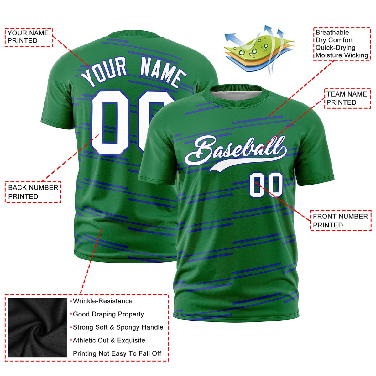 Custom Kelly Green Royal Blue Personalized Slanting Line Graffiti Pattern Performance T-Shirt