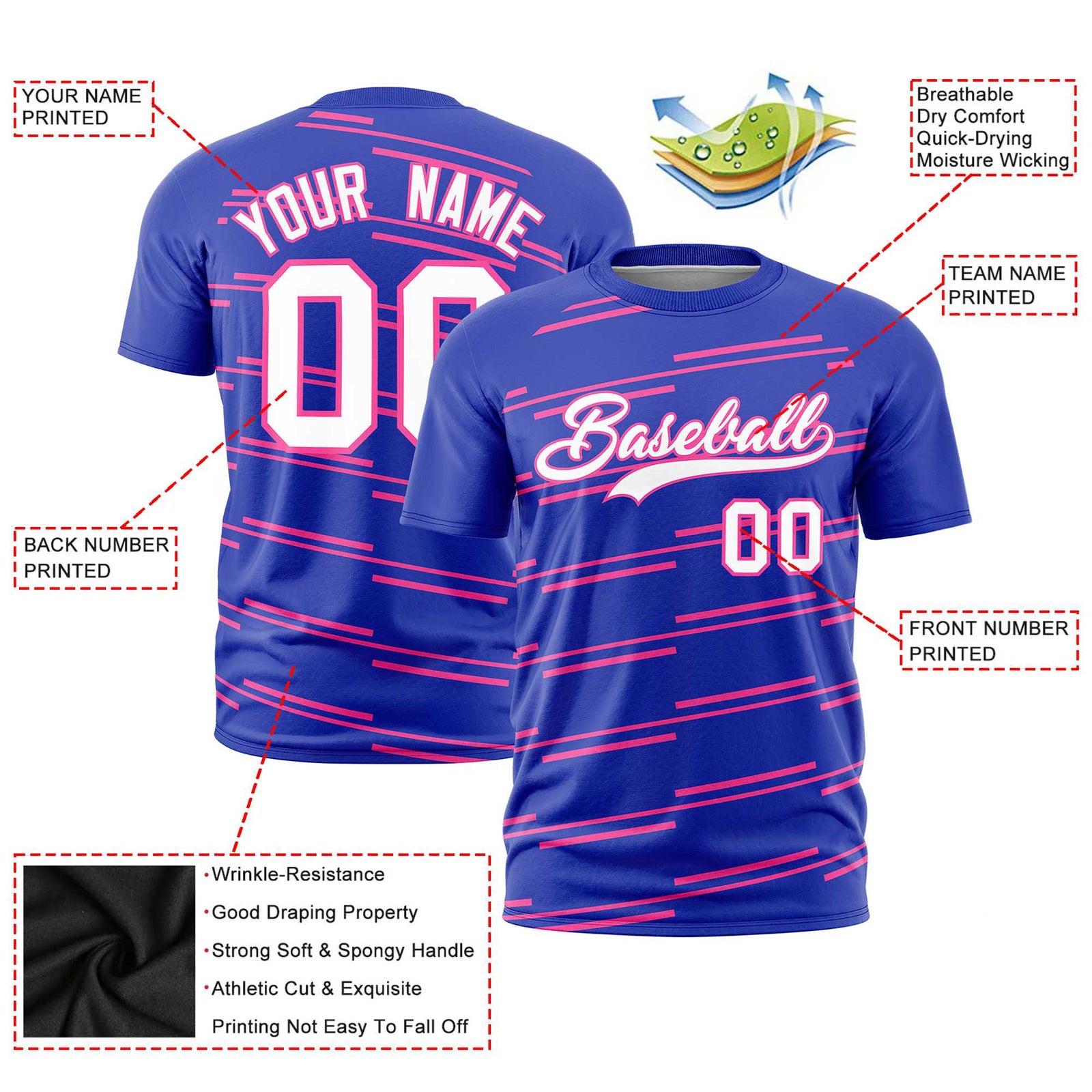 Custom Royal Blue Pink Personalized Slanting Line Graffiti Pattern Performance T-Shirt