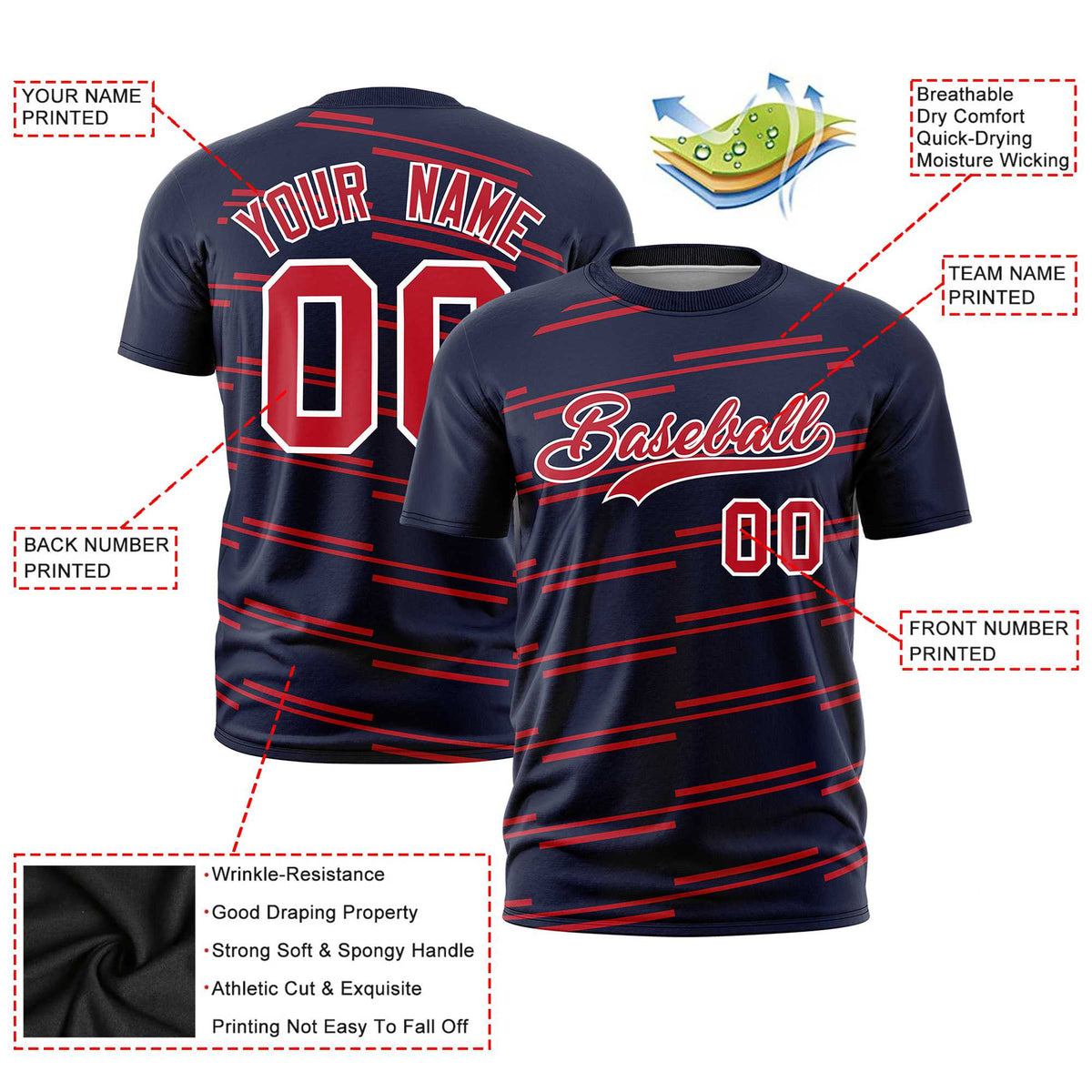 Custom Navy Red Personalized Slanting Line Graffiti Pattern Performance T-Shirt