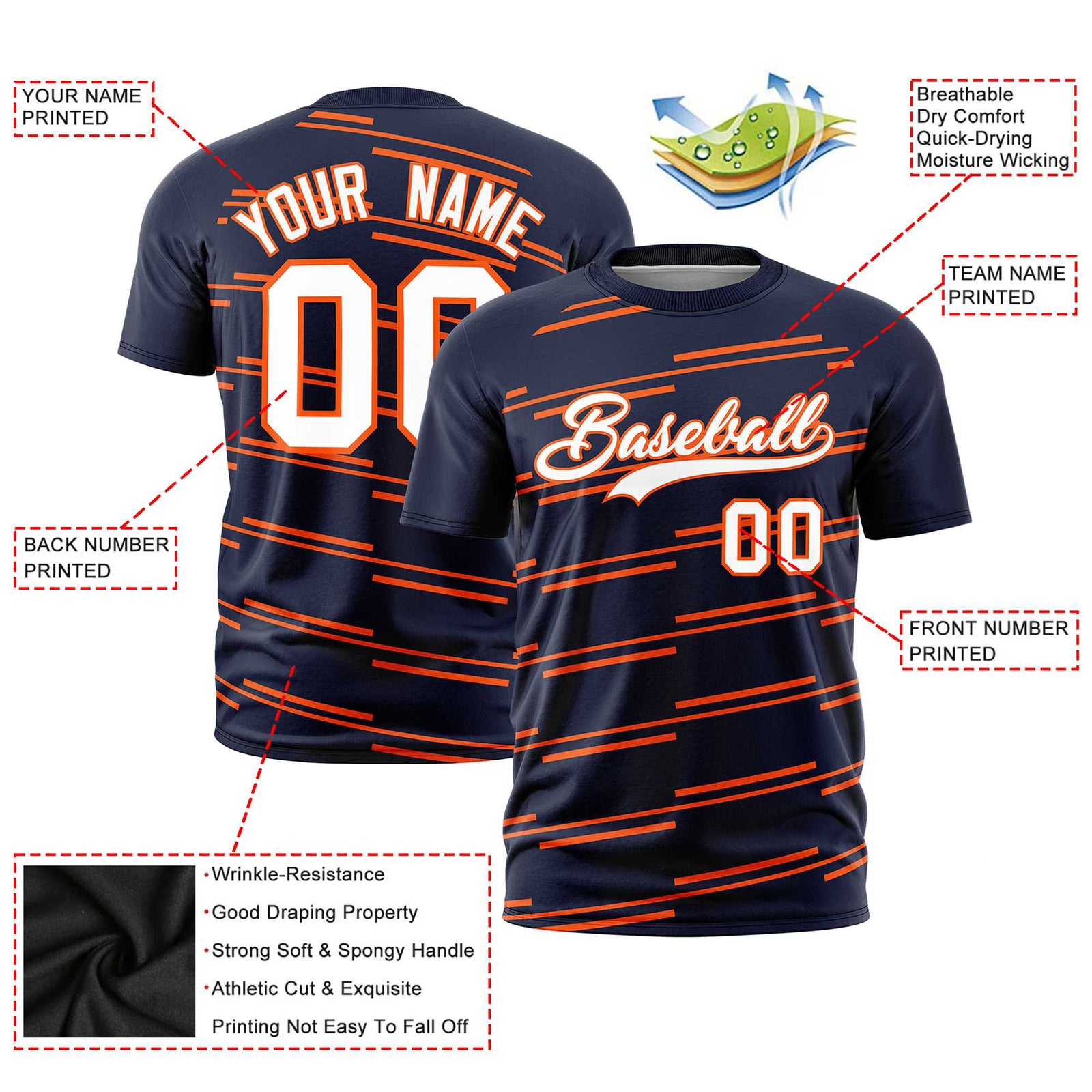 Custom Navy Orange Personalized Slanting Line Graffiti Pattern Performance T-Shirt