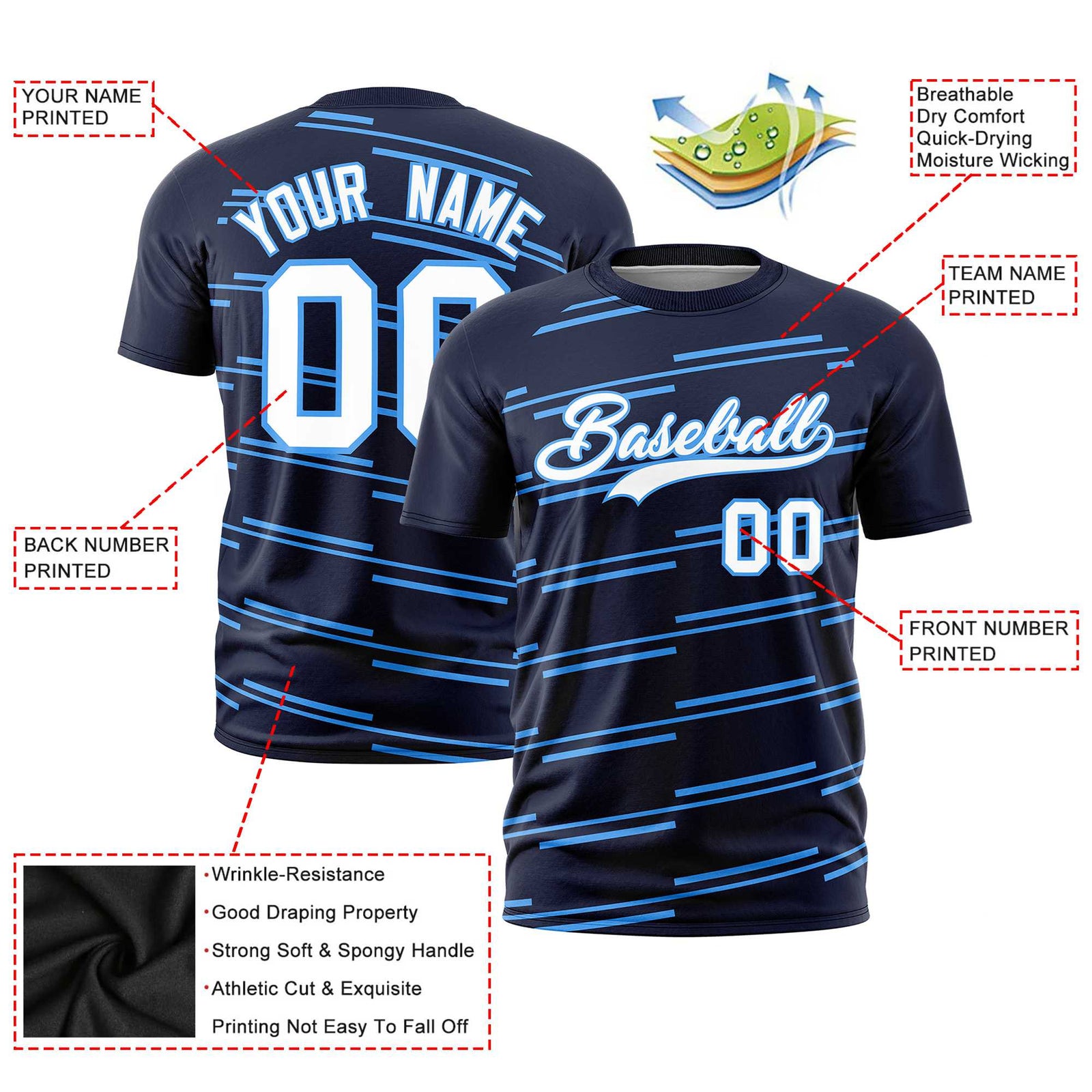 Custom Navy Powder Blue Personalized Slanting Line Graffiti Pattern Performance T-Shirt