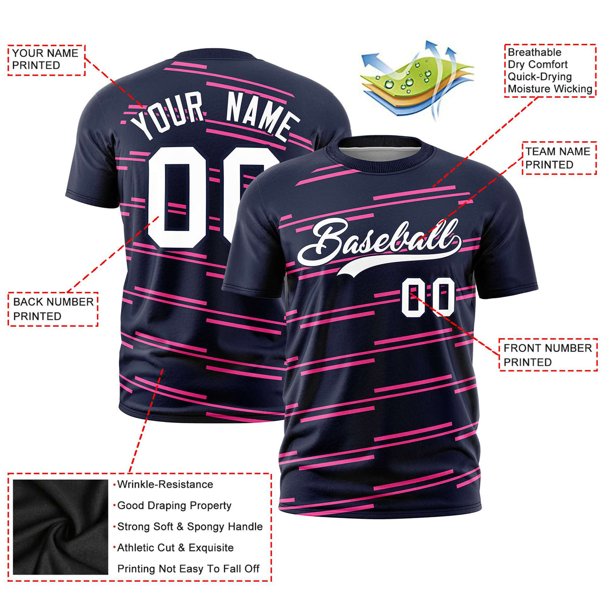 Custom Navy Pink Personalized Slanting Line Graffiti Pattern Performance T-Shirt