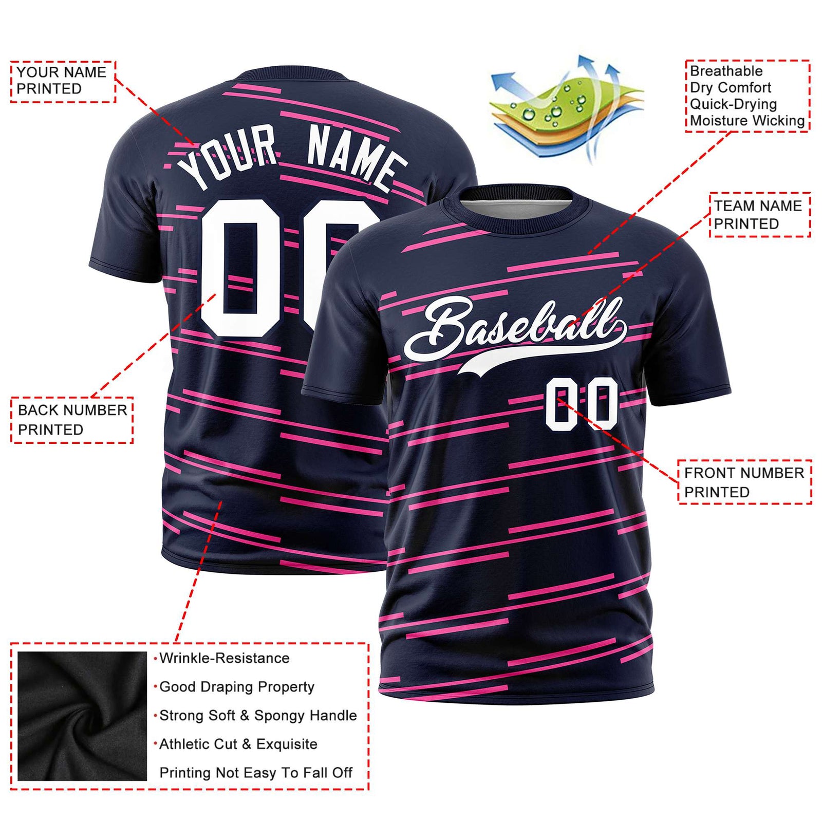 Custom Navy Pink Personalized Slanting Line Graffiti Pattern Performance T-Shirt