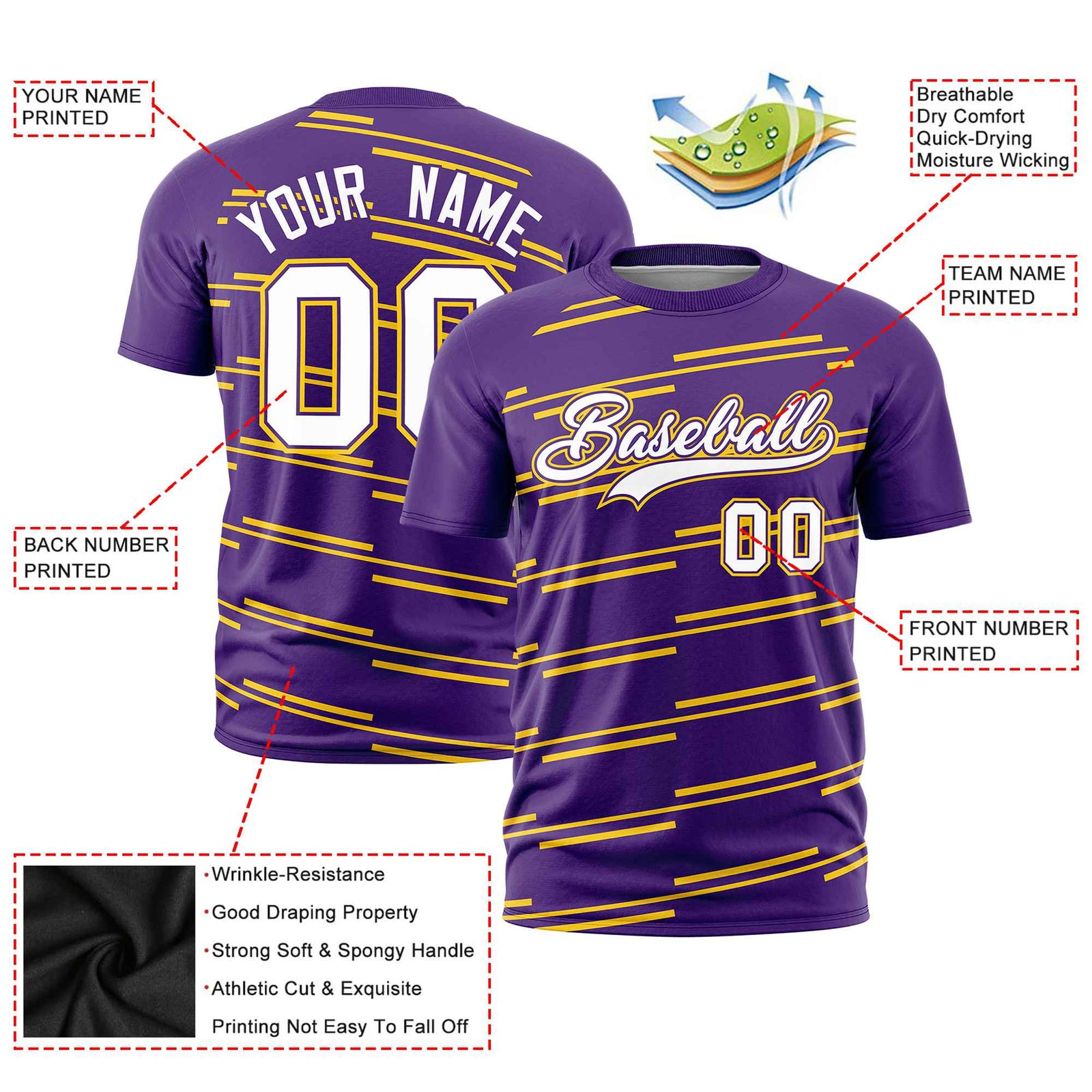 Custom Purple Gold-01 Personalized Slanting Line Graffiti Pattern Performance T-Shirt