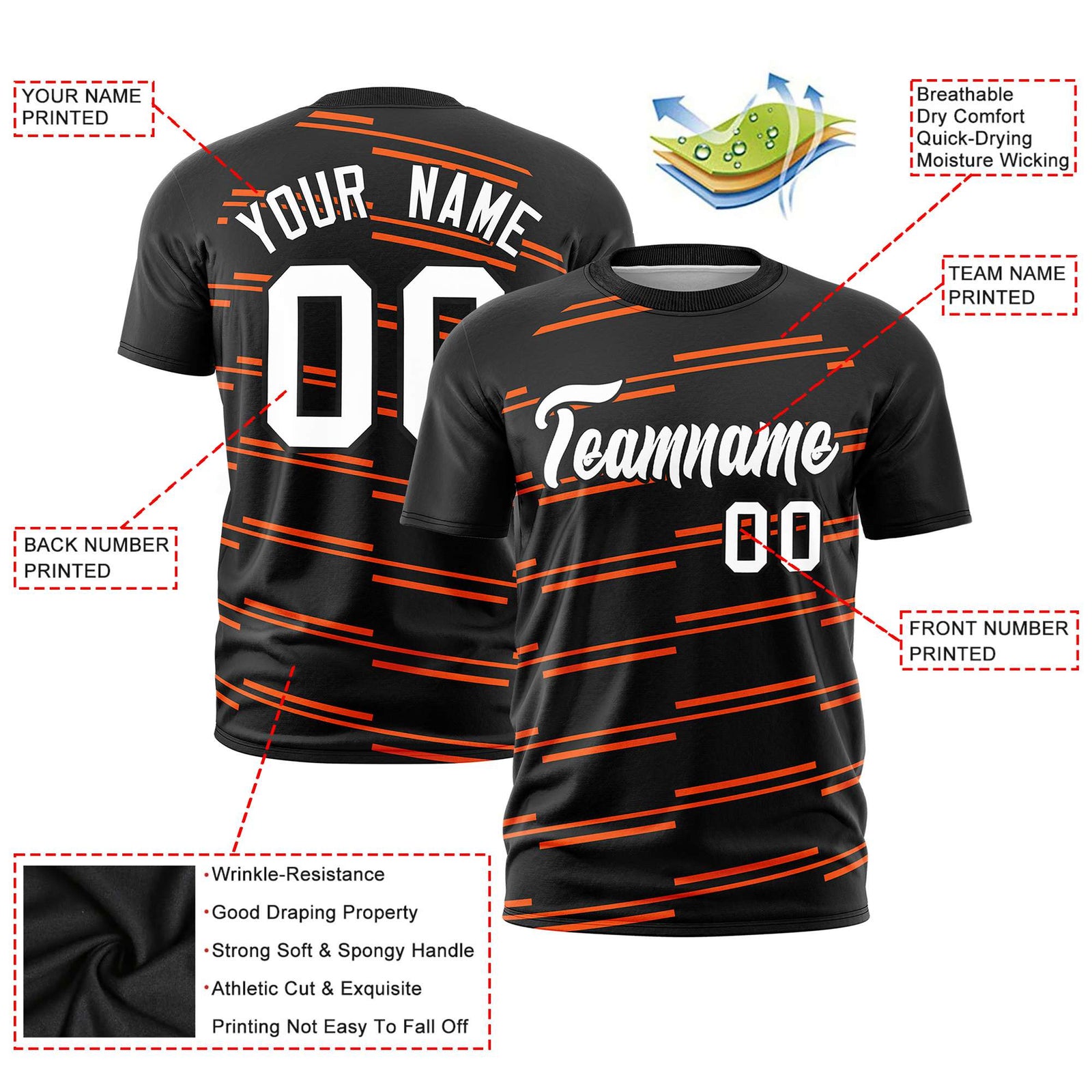 Custom Black Orange Personalized Slanting Line Graffiti Pattern Performance T-Shirt