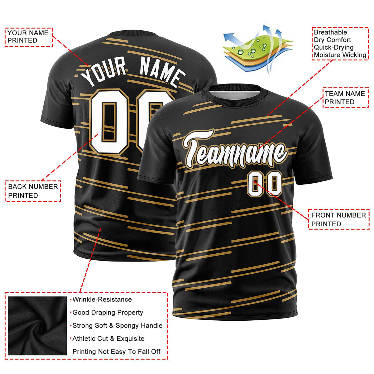 Custom Black Old Gold Personalized Slanting Line Graffiti Pattern Performance T-Shirt