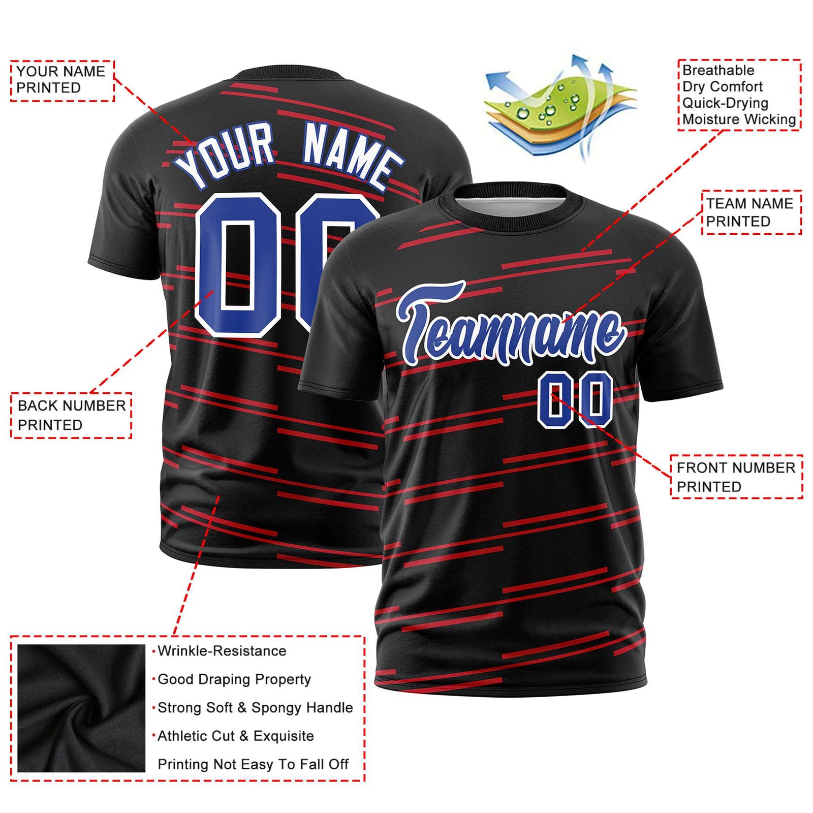 Custom Black Red Personalized Slanting Line Graffiti Pattern Performance T-Shirt