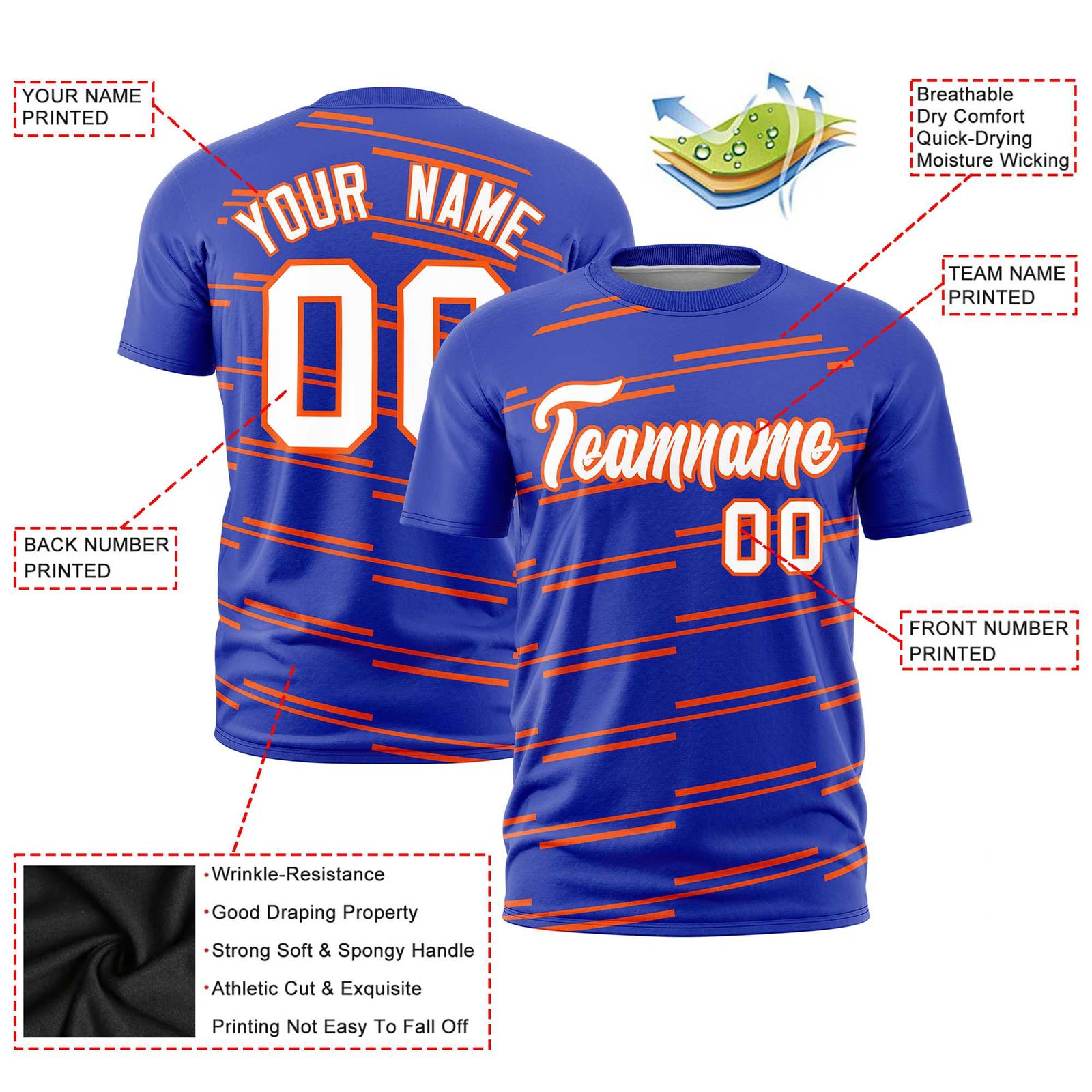 Custom Royal Blue Orange Personalized Slanting Line Graffiti Pattern Performance T-Shirt