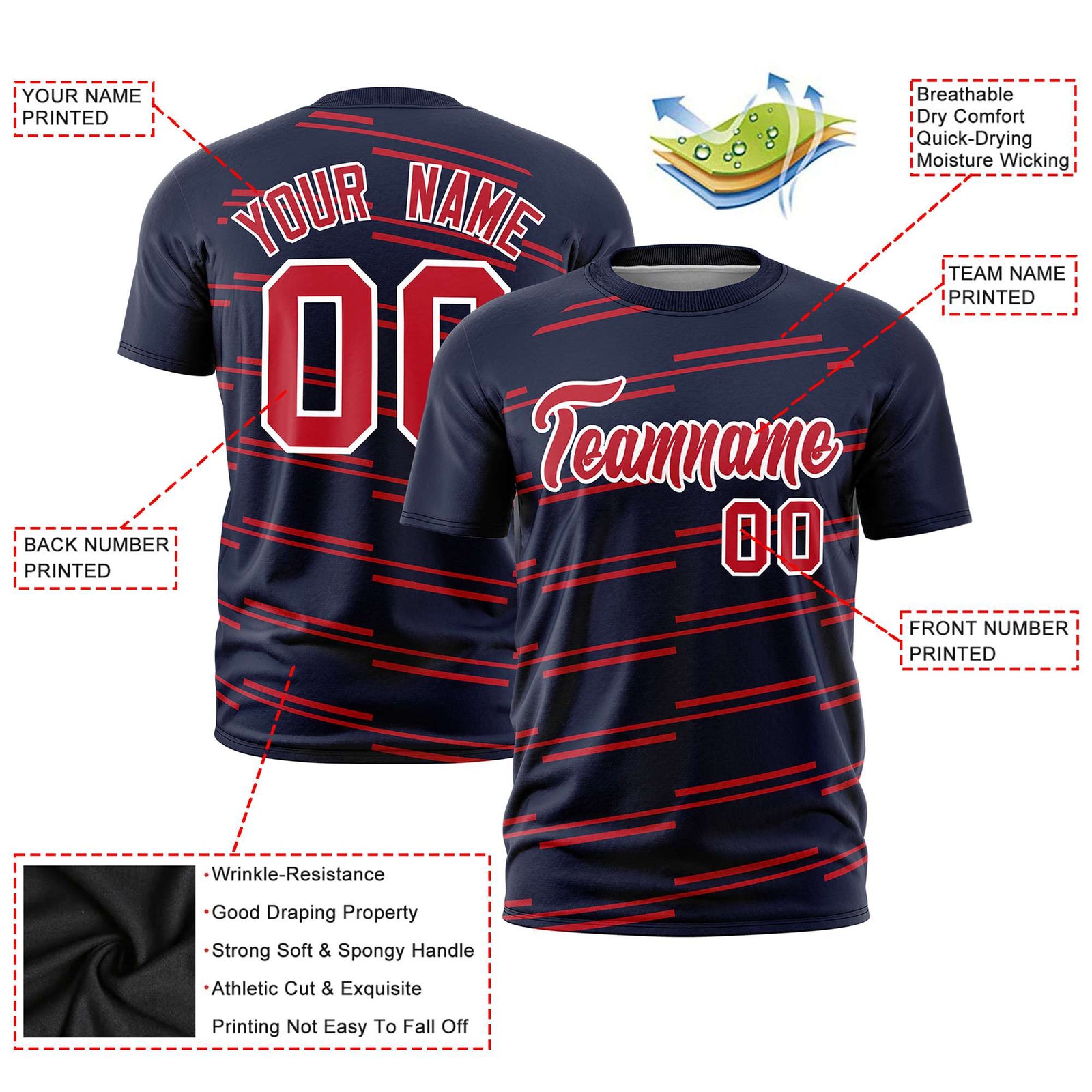 Custom Navy Red Personalized Slanting Line Graffiti Pattern Performance T-Shirt