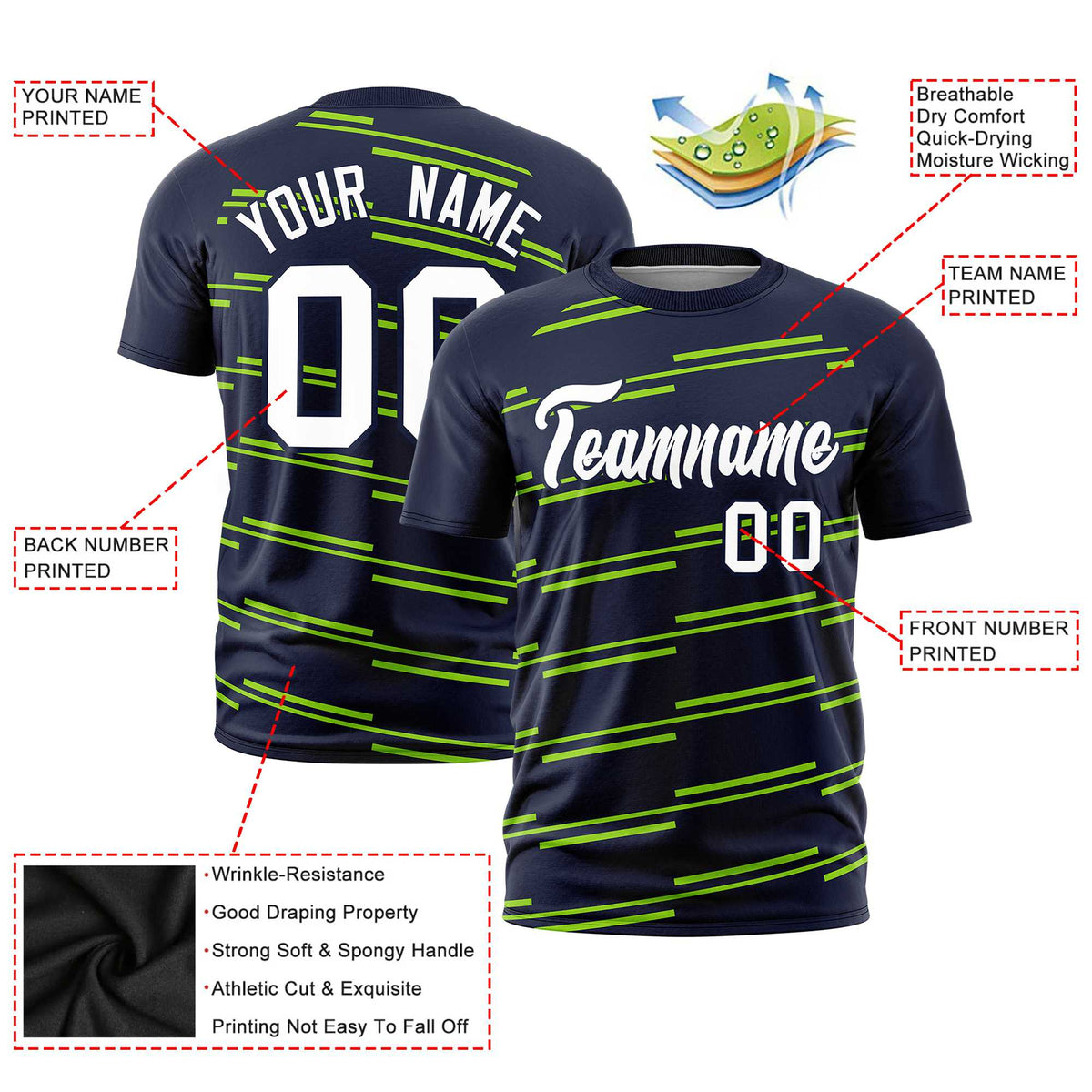 Custom Navy Neon Green Personalized Slanting Line Graffiti Pattern Performance T-Shirt