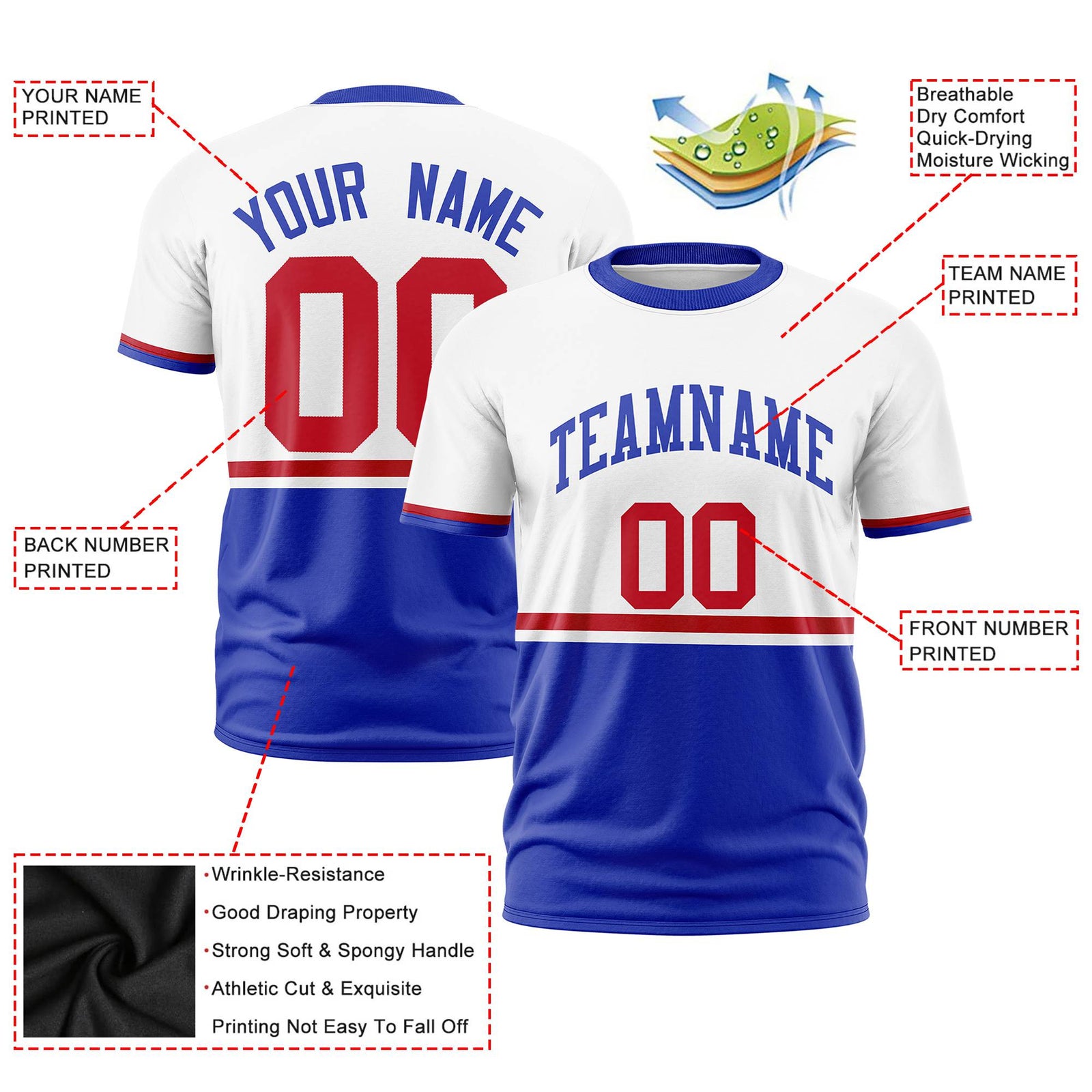 Custom White Red-Royal Blue Crew neck Color Block Design Performance T-Shirt