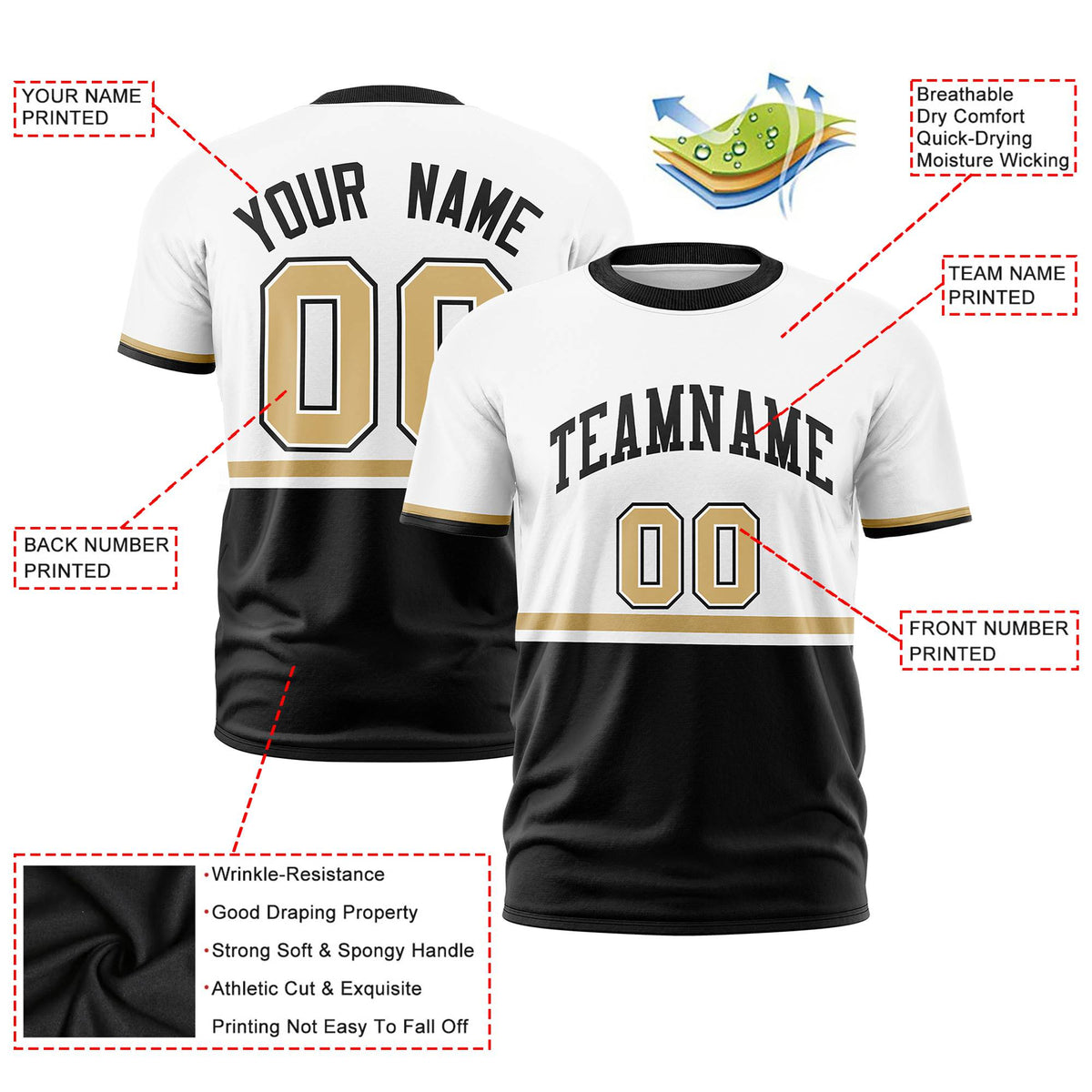 Custom White Old Gold-Black Crew neck Color Block Design Performance T-Shirt