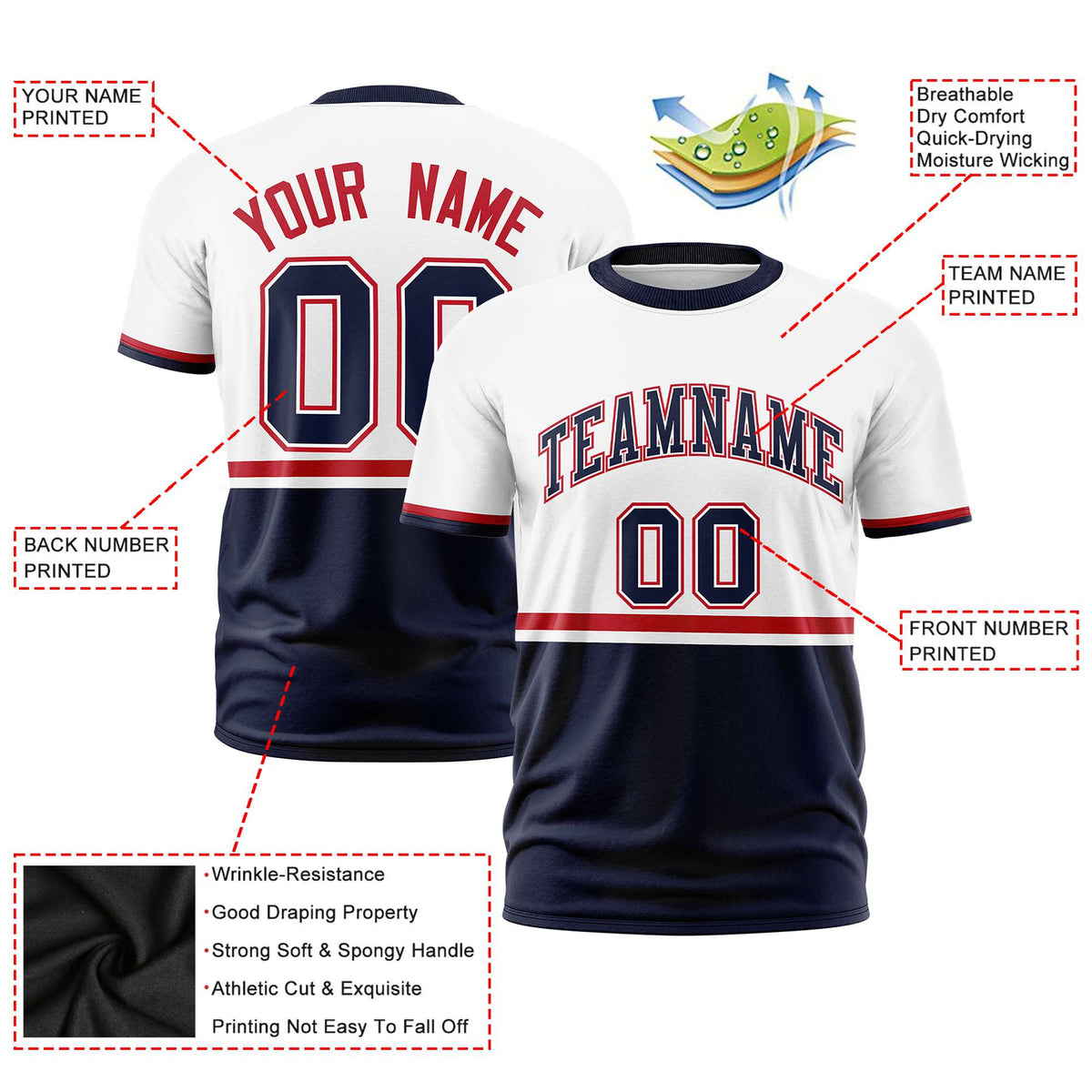 Custom White Red-Navy Crew neck Color Block Design Performance T-Shirt