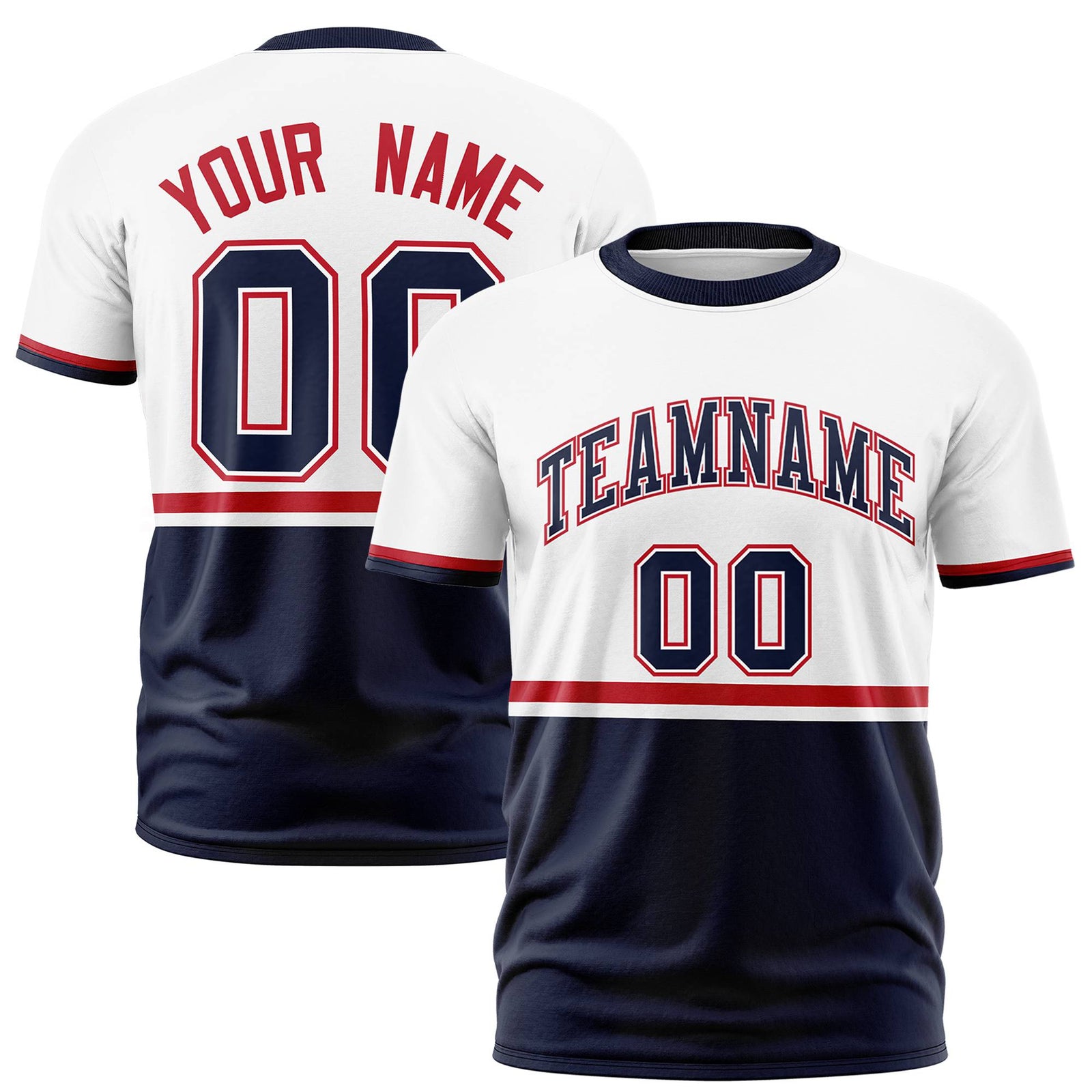Custom White Red-Navy Crew neck Color Block Design Performance T-Shirt