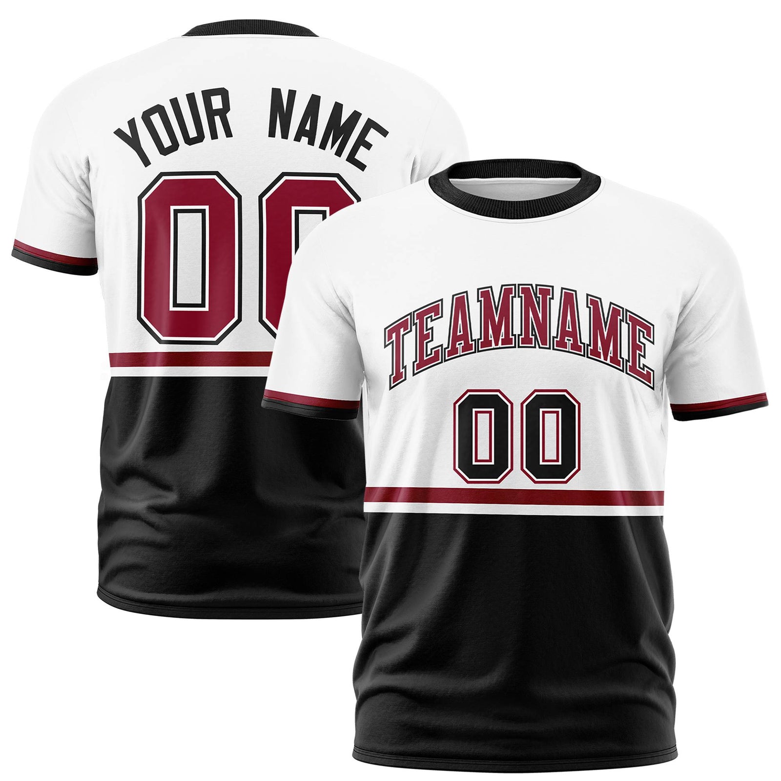 Custom White Crimson-Black Crew neck Color Block Design Performance T-Shirt