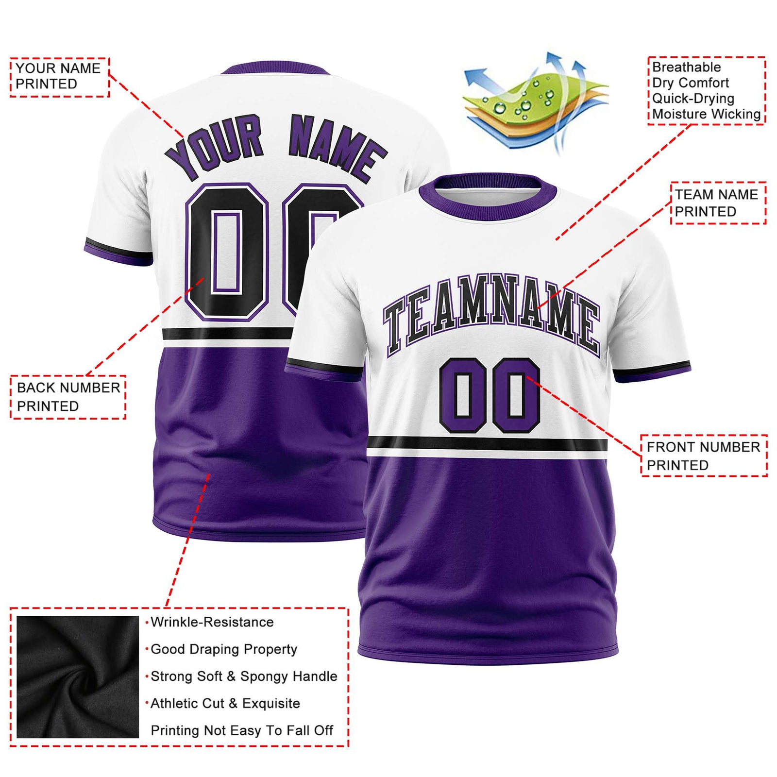 Custom White Black-Purple Crew neck Color Block Design Performance T-Shirt