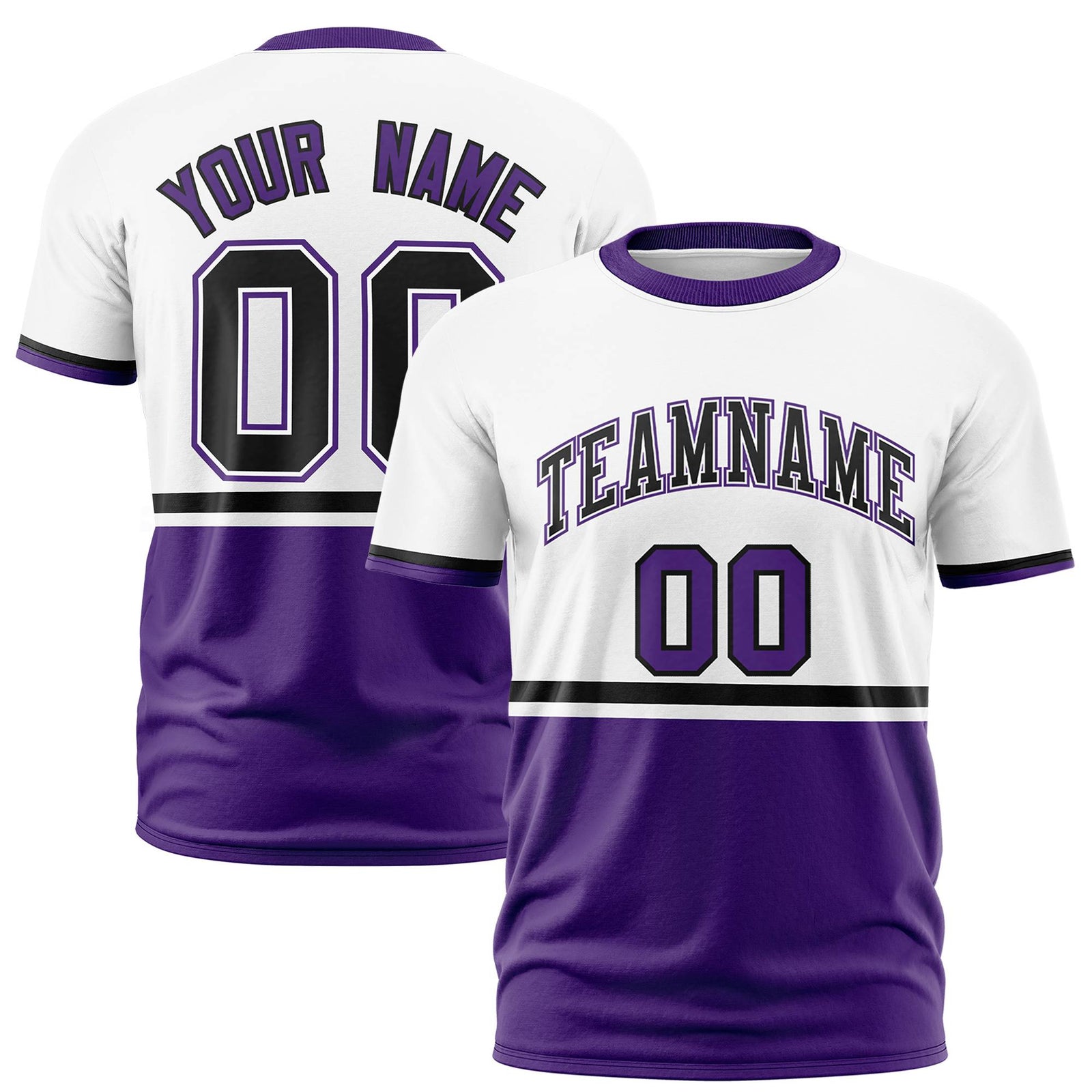 Custom White Black-Purple Crew neck Color Block Design Performance T-Shirt