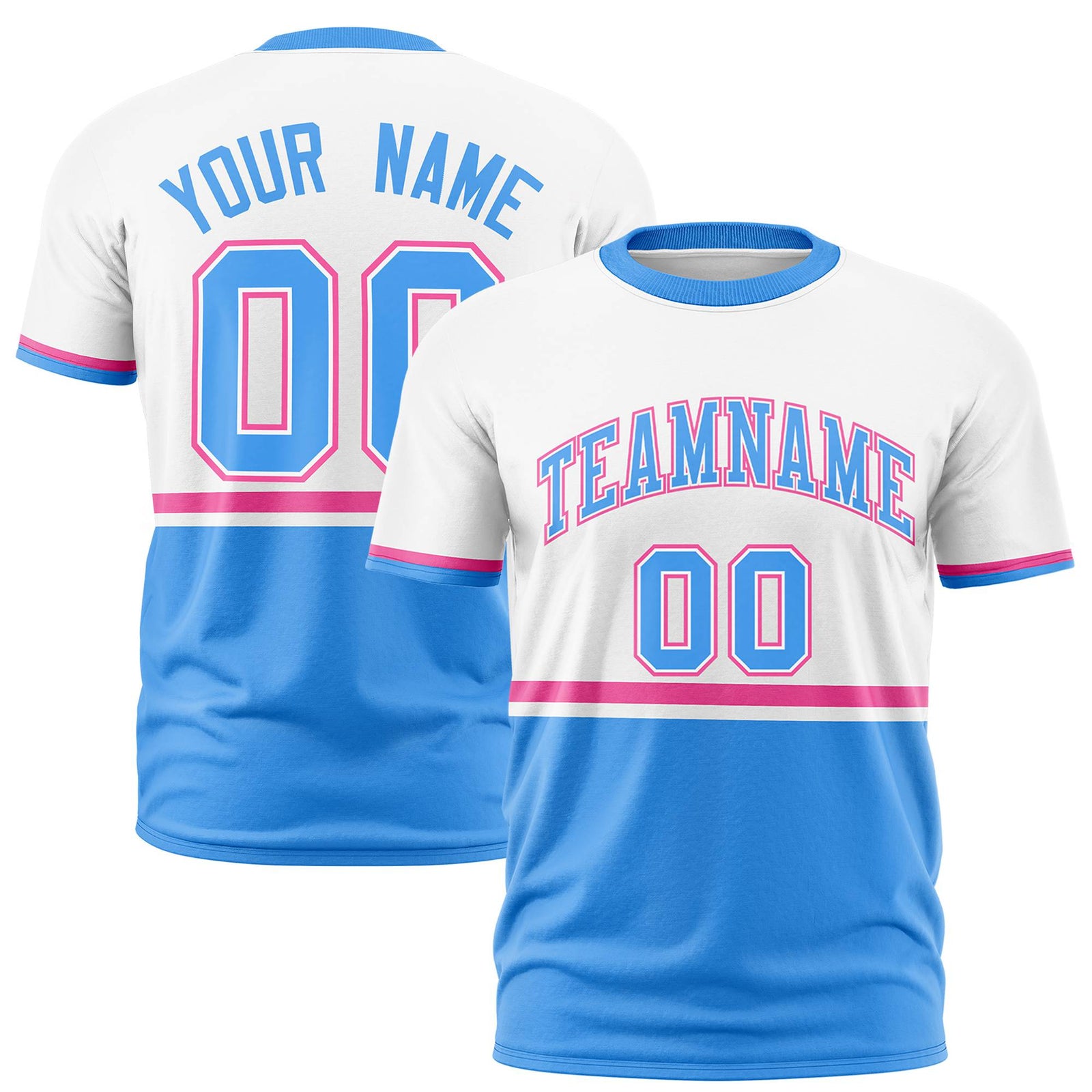 Custom White Pink-Powder Blue Crew neck Color Block Design Performance T-Shirt