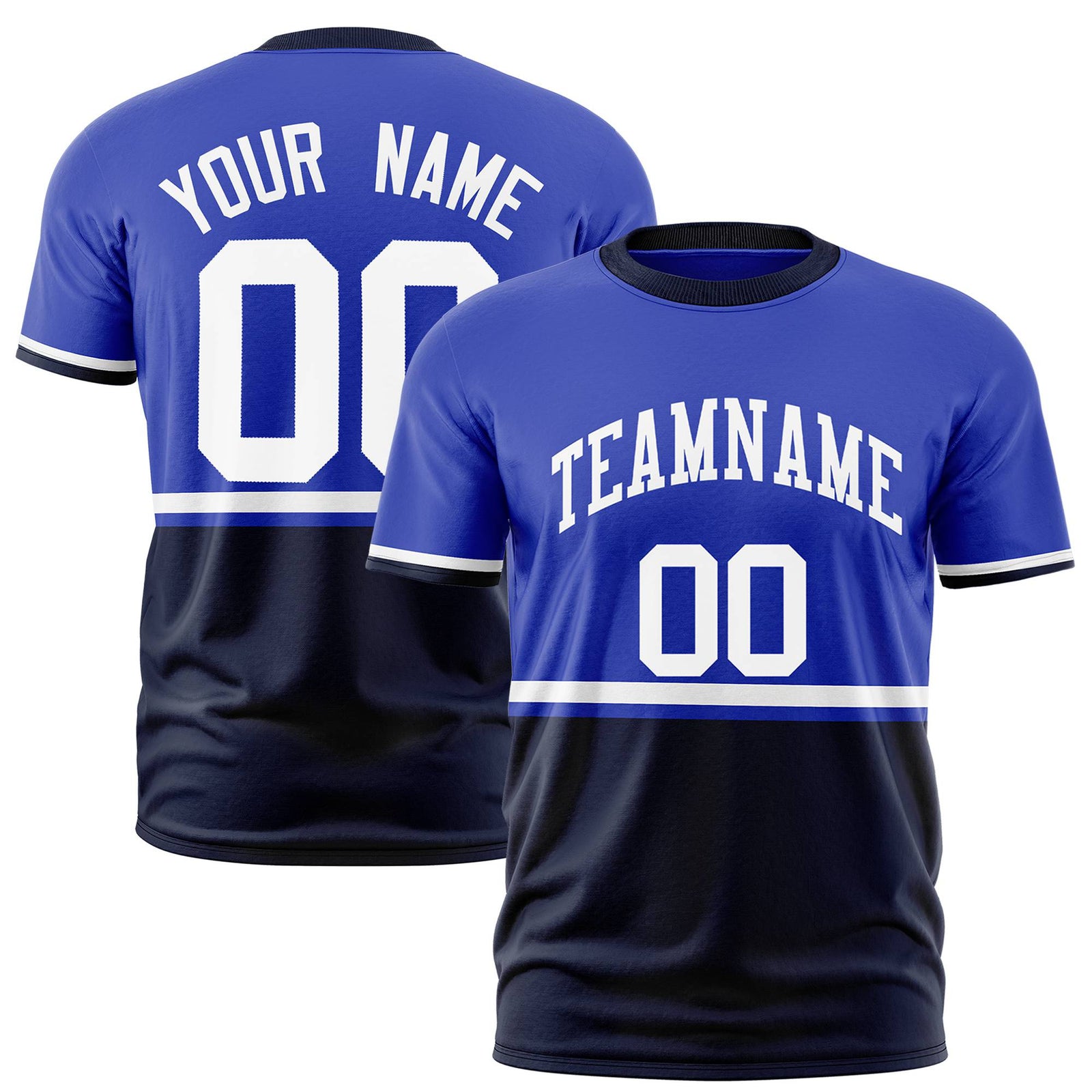 Custom Royal Blue White-Navy Crew neck Color Block Design Performance T-Shirt