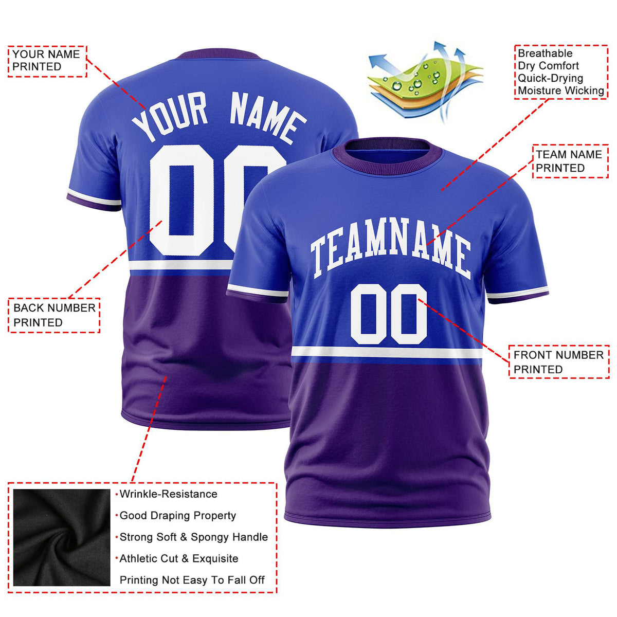 Custom Royal Blue White-Purple Crew neck Color Block Design Performance T-Shirt