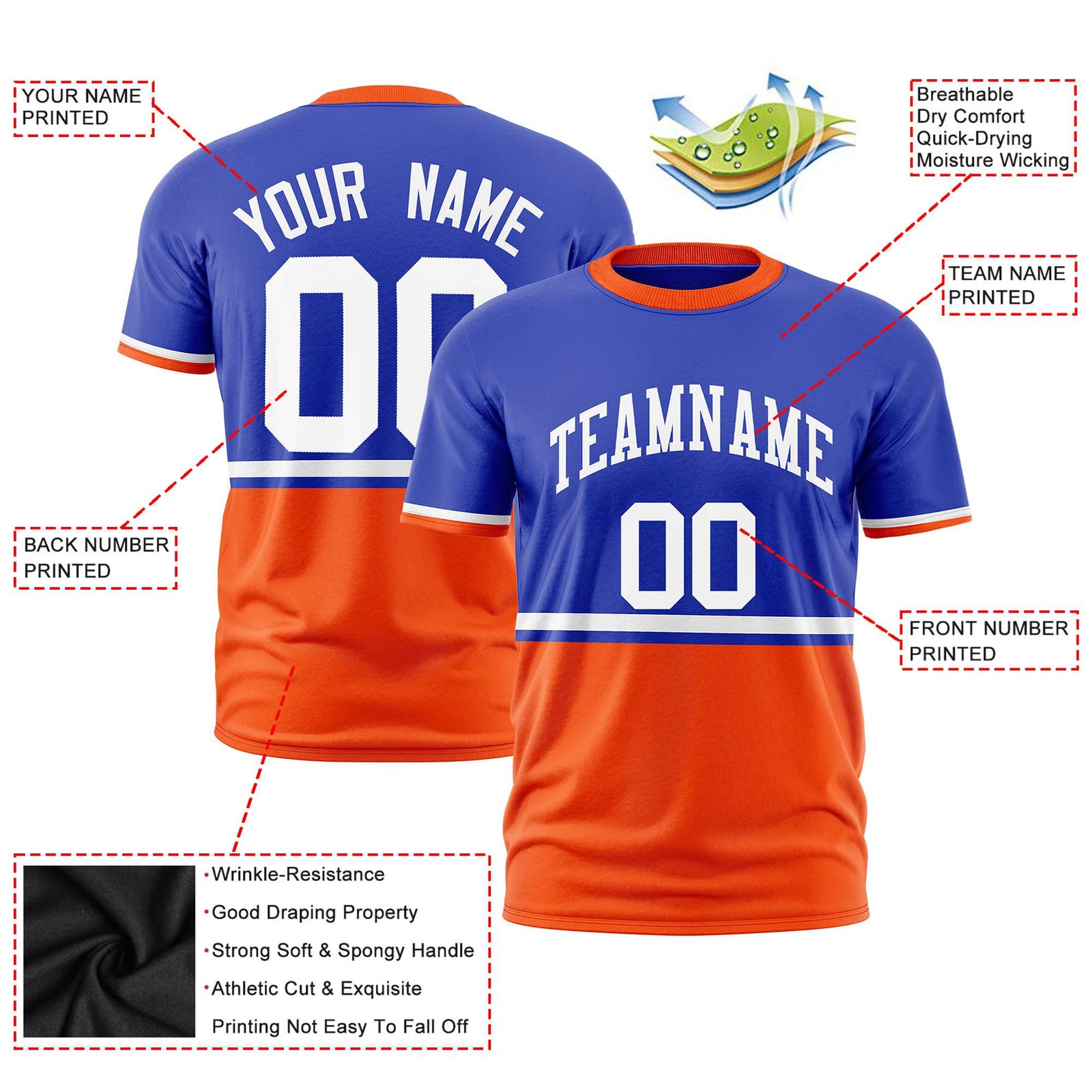 Custom Royal Blue White-Orange Crew neck Color Block Design Performance T-Shirt