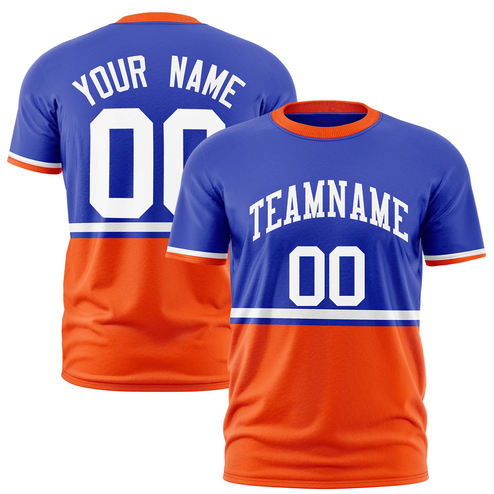 Custom Royal Blue White-Orange Crew neck Color Block Design Performance T-Shirt
