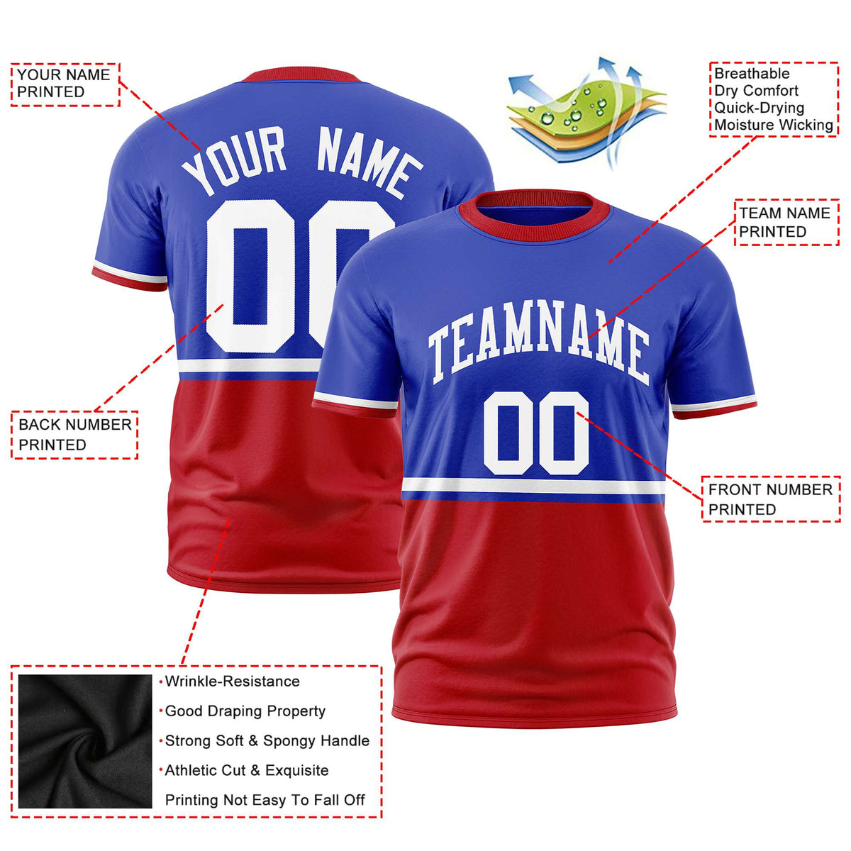 Custom Royal Blue White-Red Crew neck Color Block Design Performance T-Shirt