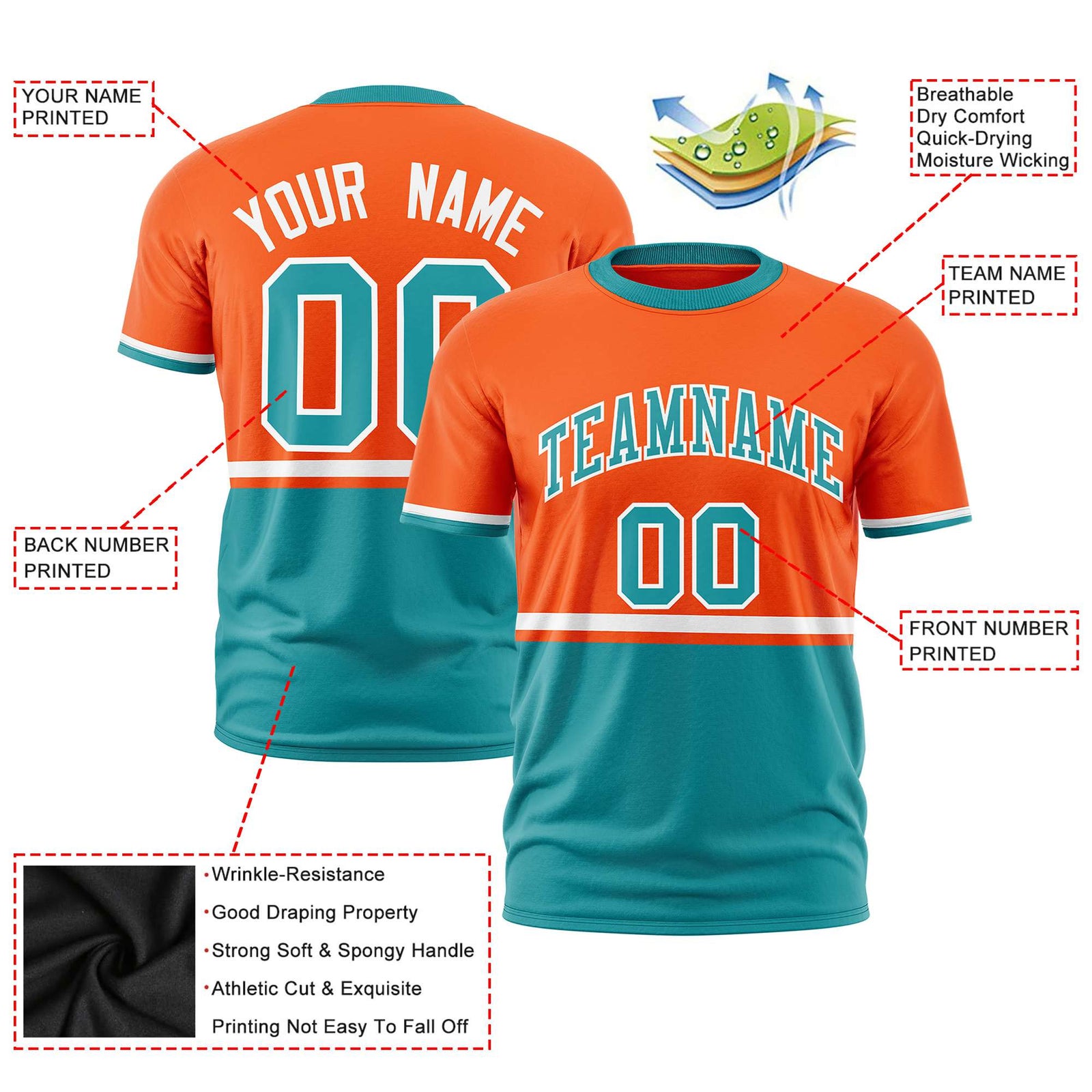 Custom Orange White-Aqua Crew neck Color Block Design Performance T-Shirt