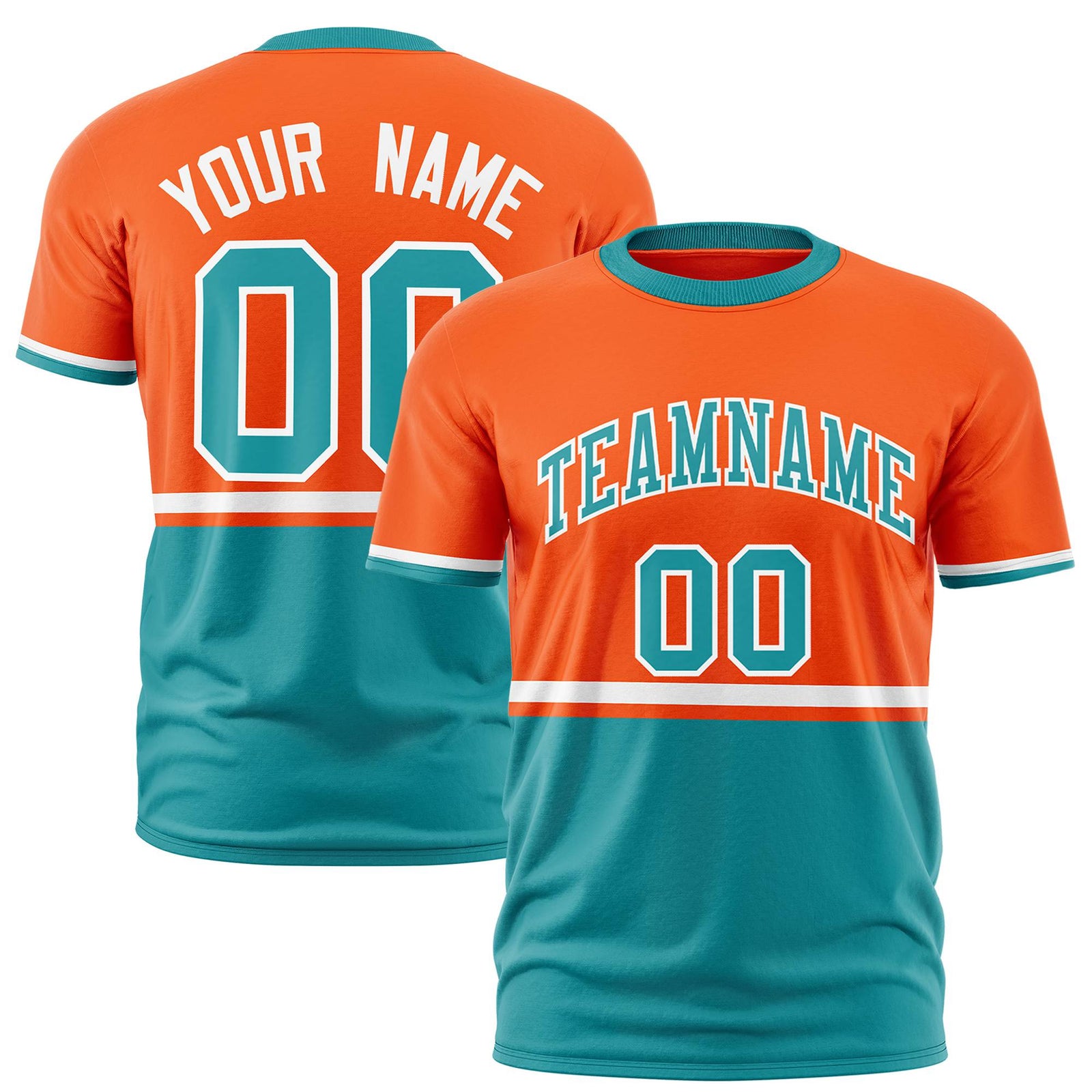 Custom Orange White-Aqua Crew neck Color Block Design Performance T-Shirt