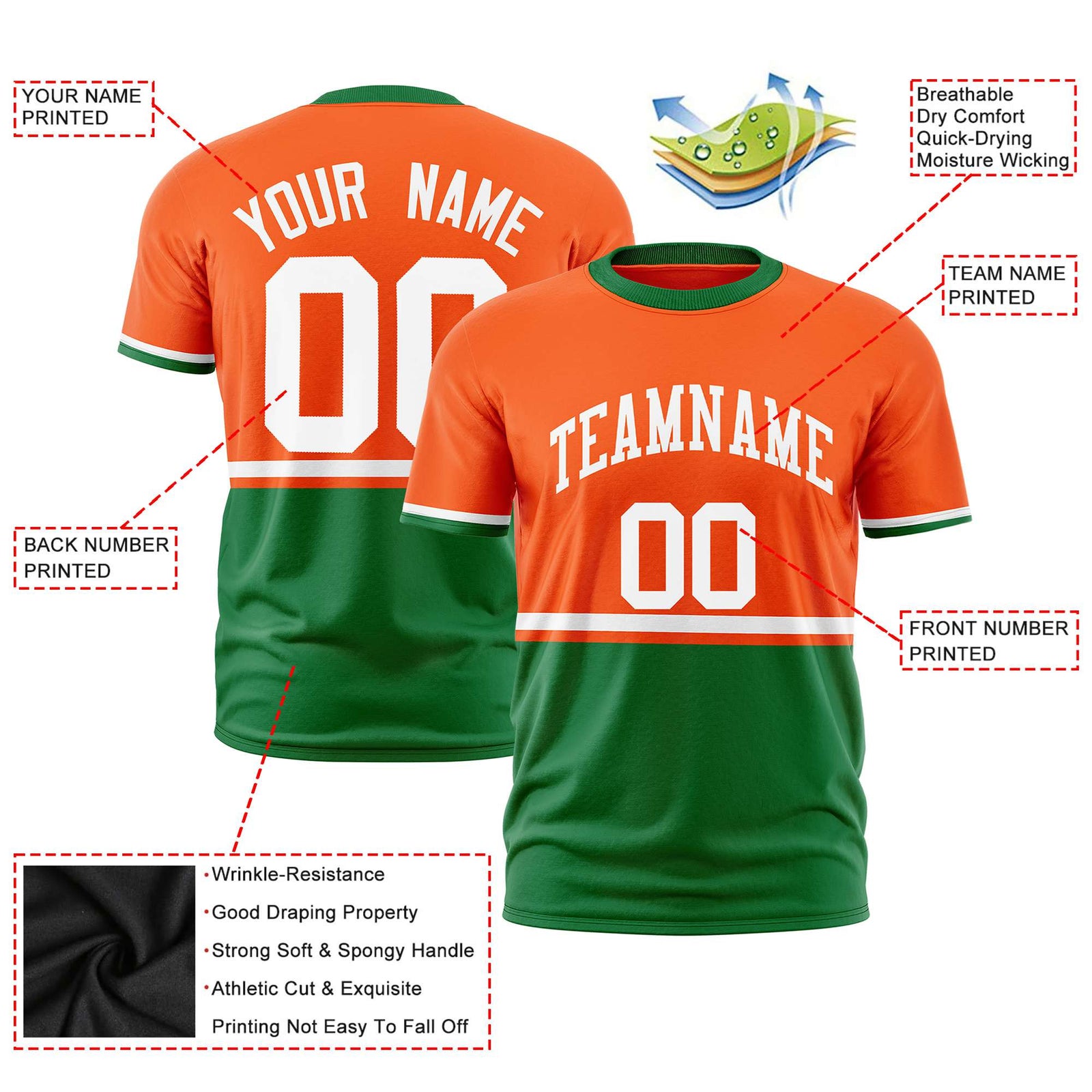 Custom Orange White-Kelly Green Crew neck Color Block Design Performance T-Shirt