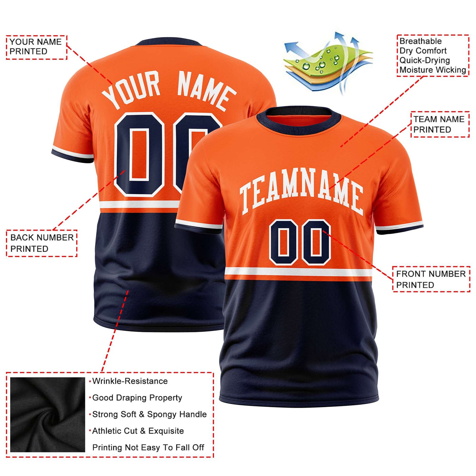 Custom Orange White-Navy Crew neck Color Block Design Performance T-Shirt