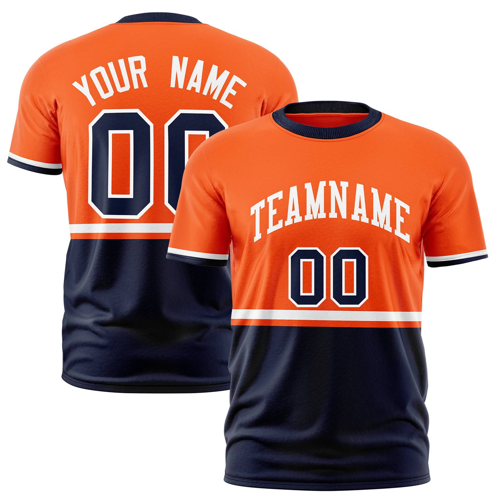 Custom Orange White-Navy Crew neck Color Block Design Performance T-Shirt