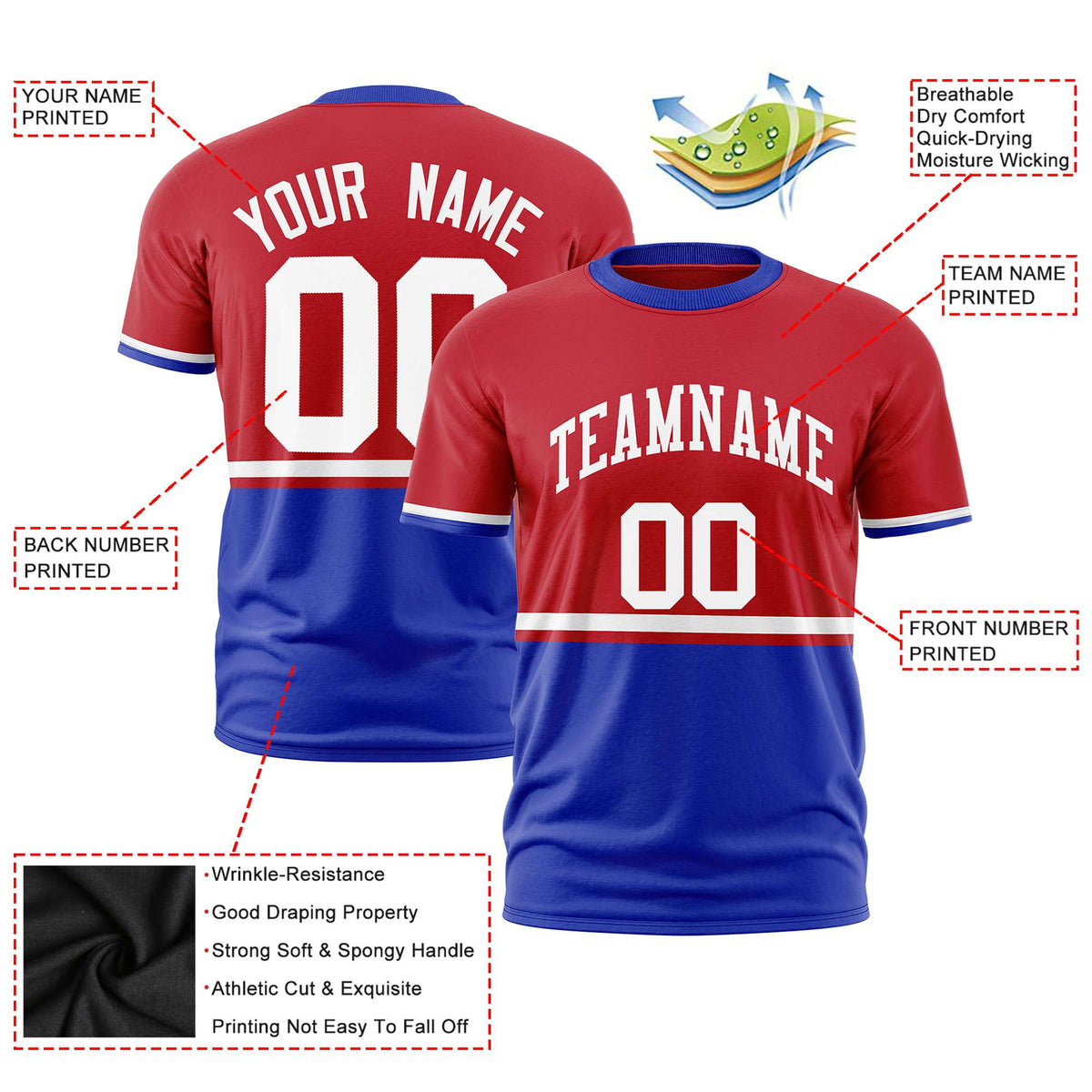 Custom Red White-Royal Blue Crew neck Color Block Design Performance T-Shirt