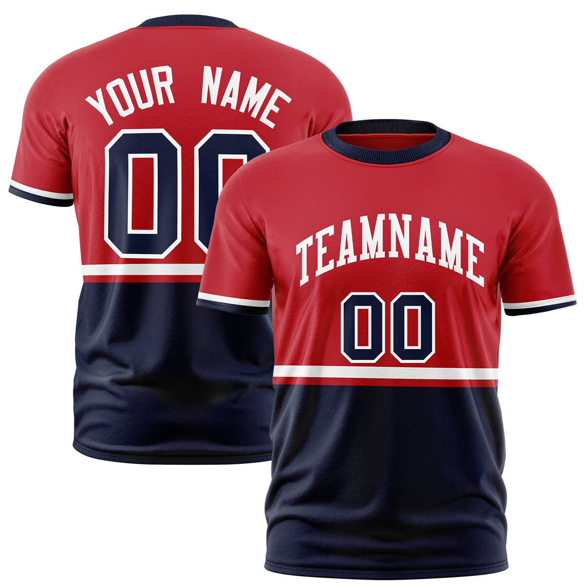 Custom Red White-Navy Crew neck Color Block Design Performance T-Shirt